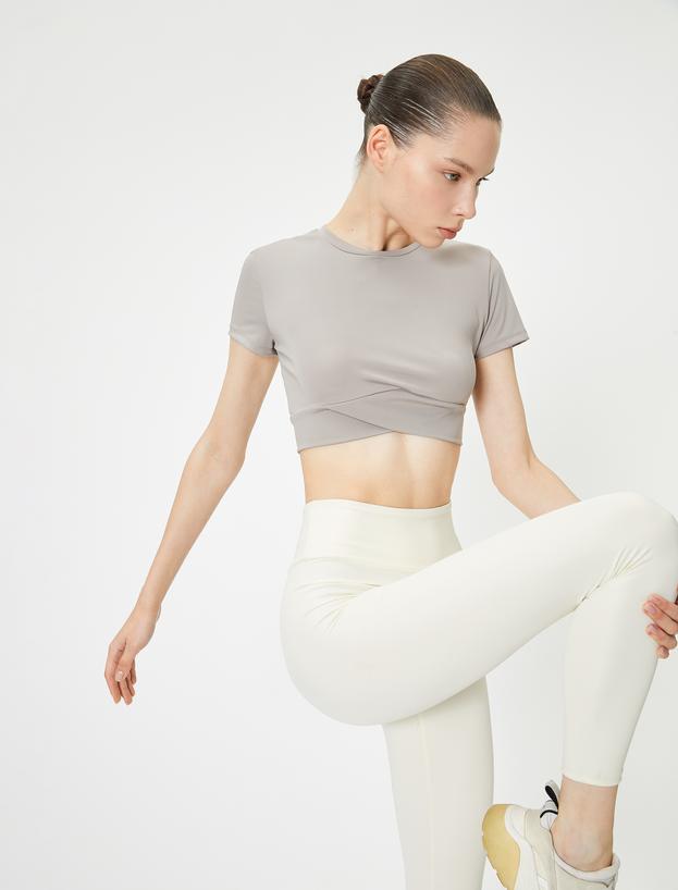 Spor Crop Yoga Tişört Slim Fit Asimetrik Kesim Kısa Kollu Bisiklet Yaka_0