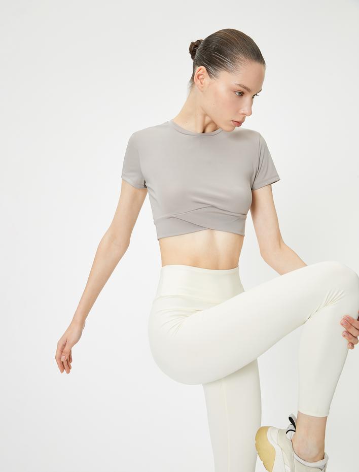  Spor Crop Yoga Tişört Slim Fit Asimetrik Kesim Kısa Kollu Bisiklet Yaka