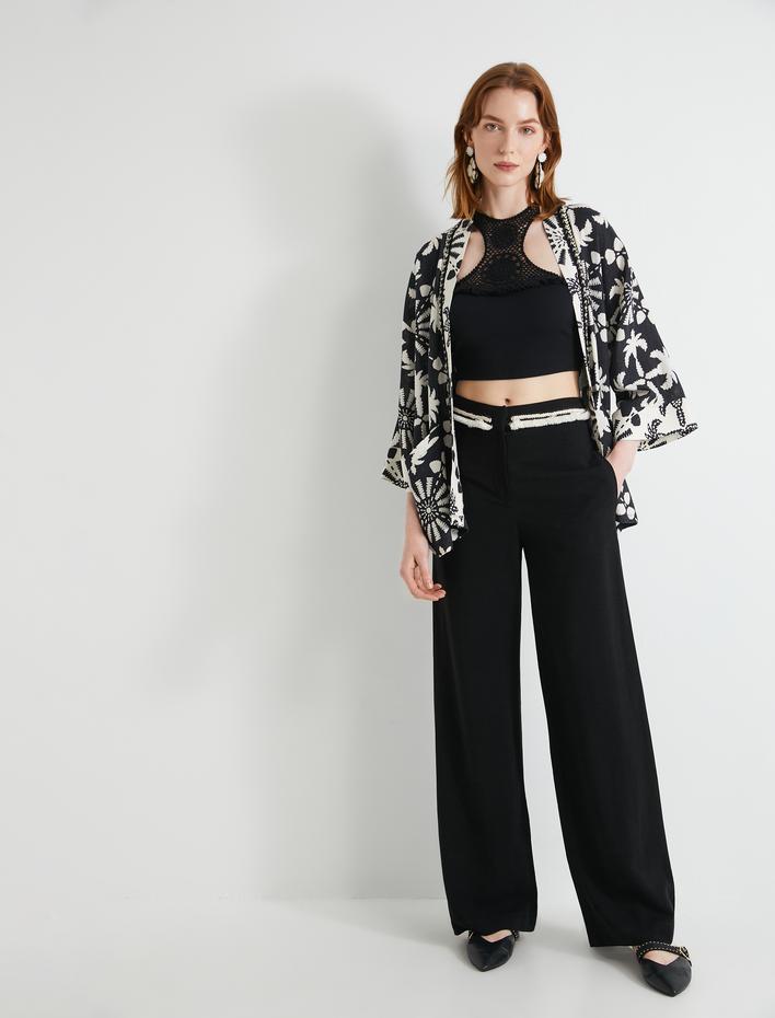  Bol Paça Palazzo Pantolon Bel Detaylı Cepli Viskon Karışımlı