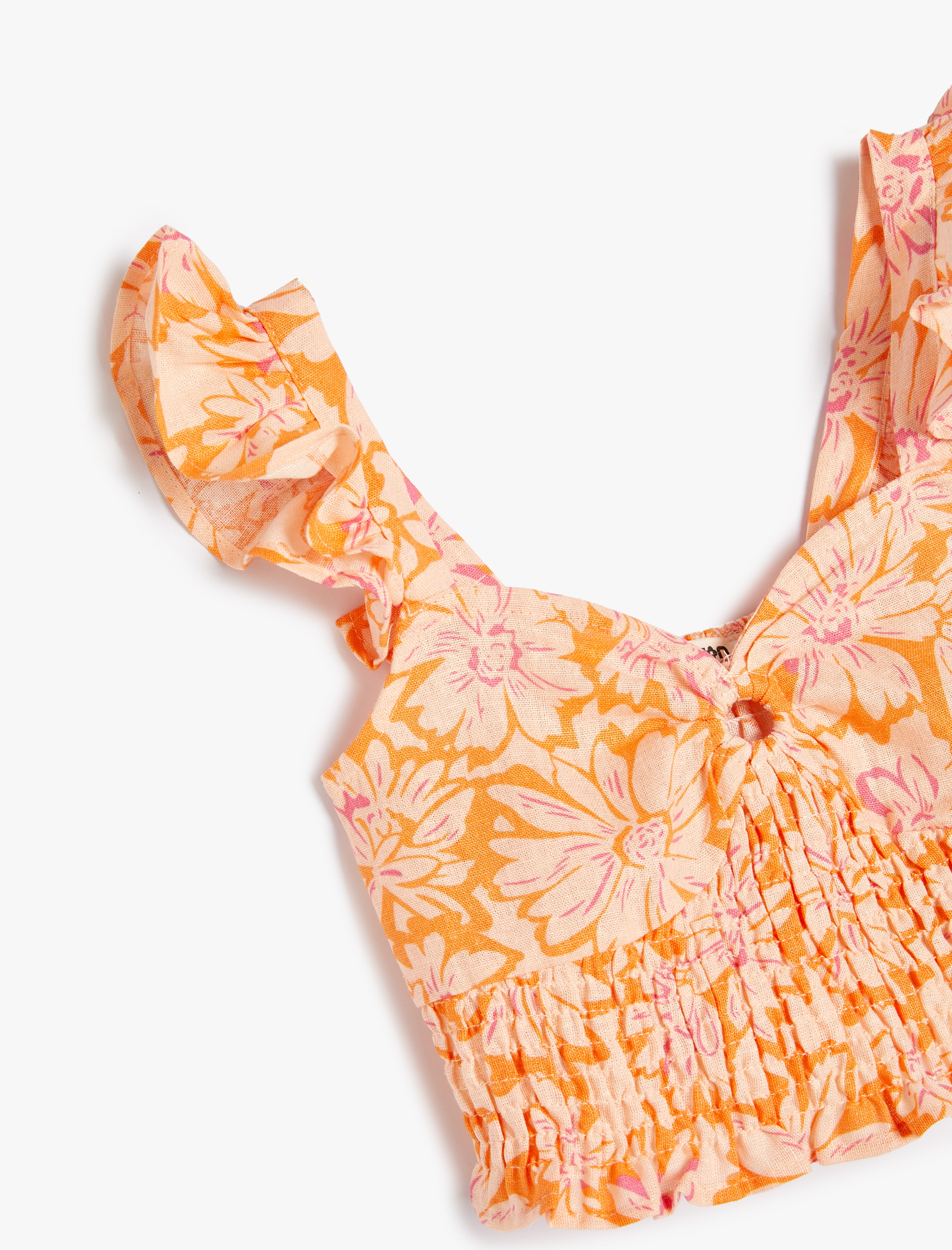  Kız Çocuk Keten Crop Bluz Kolsuz Çiçekli Gipe Detaylı