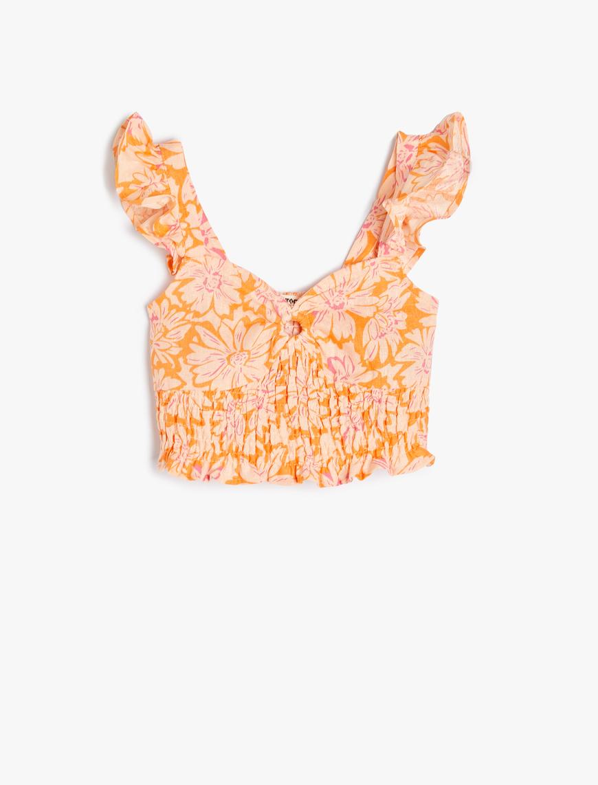  Kız Çocuk Keten Crop Bluz Kolsuz Çiçekli Gipe Detaylı
