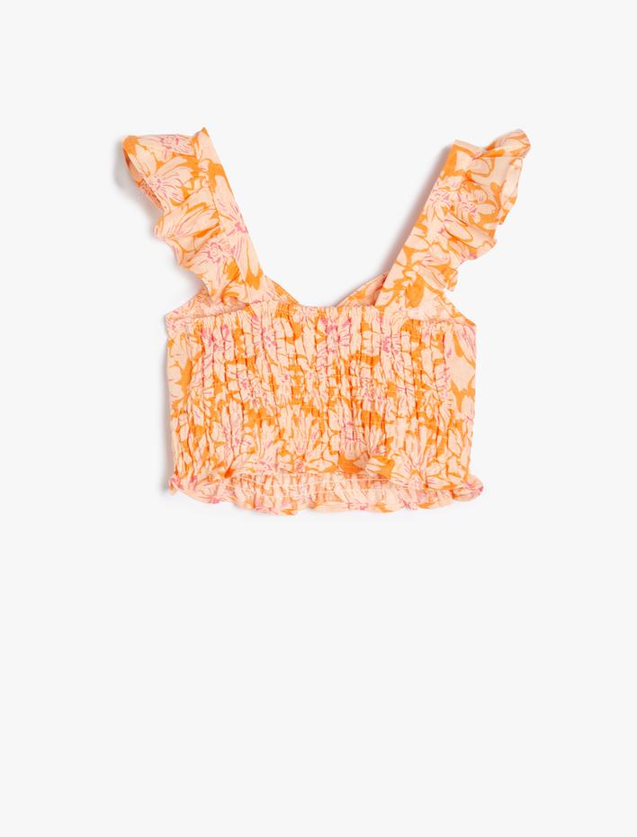 Kız Çocuk Keten Crop Bluz Kolsuz Çiçekli Gipe Detaylı