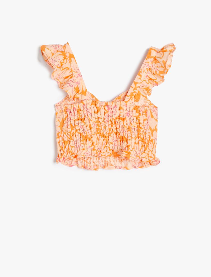  Kız Çocuk Keten Crop Bluz Kolsuz Çiçekli Gipe Detaylı