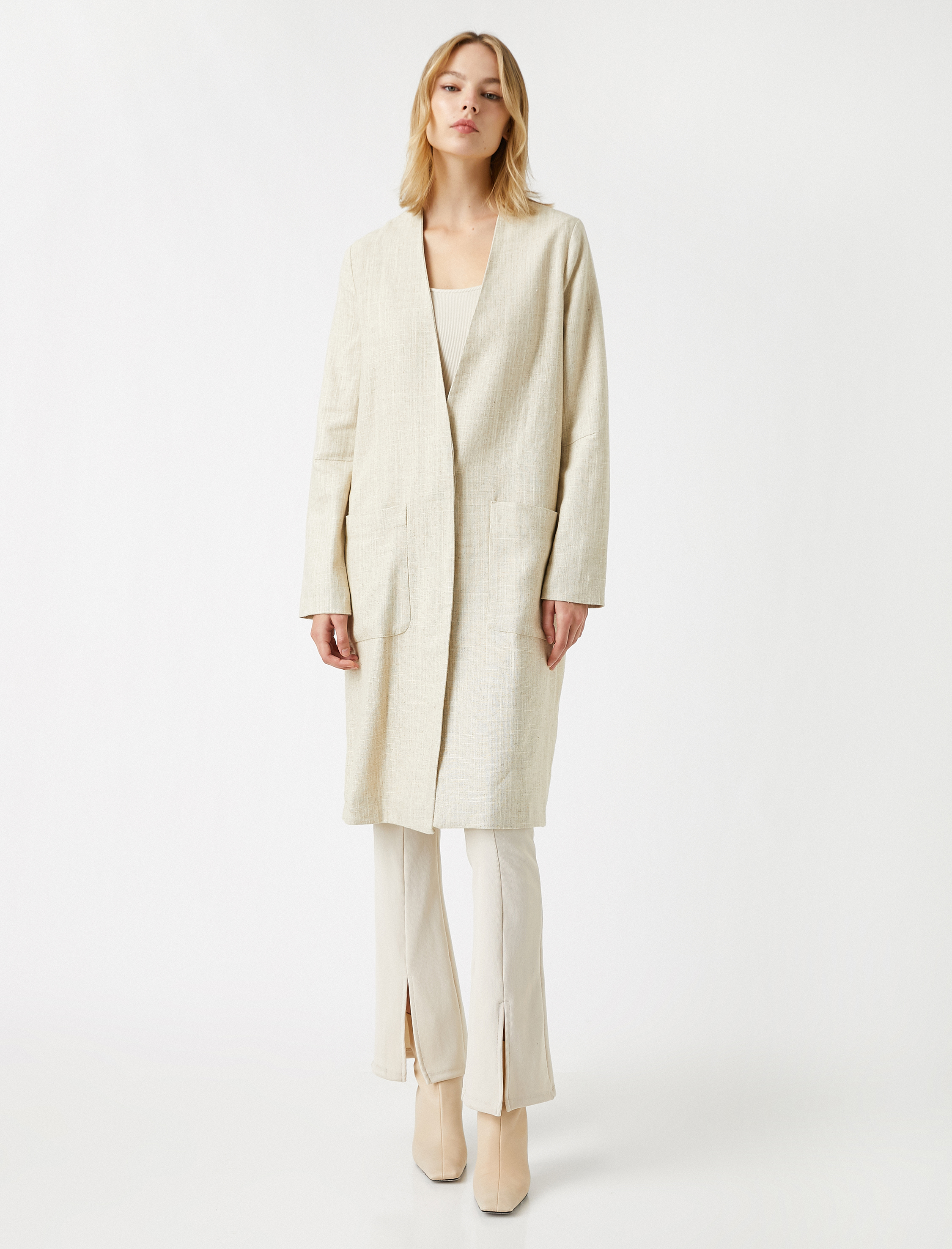 Keten Karışımlı V Yaka Trençkot