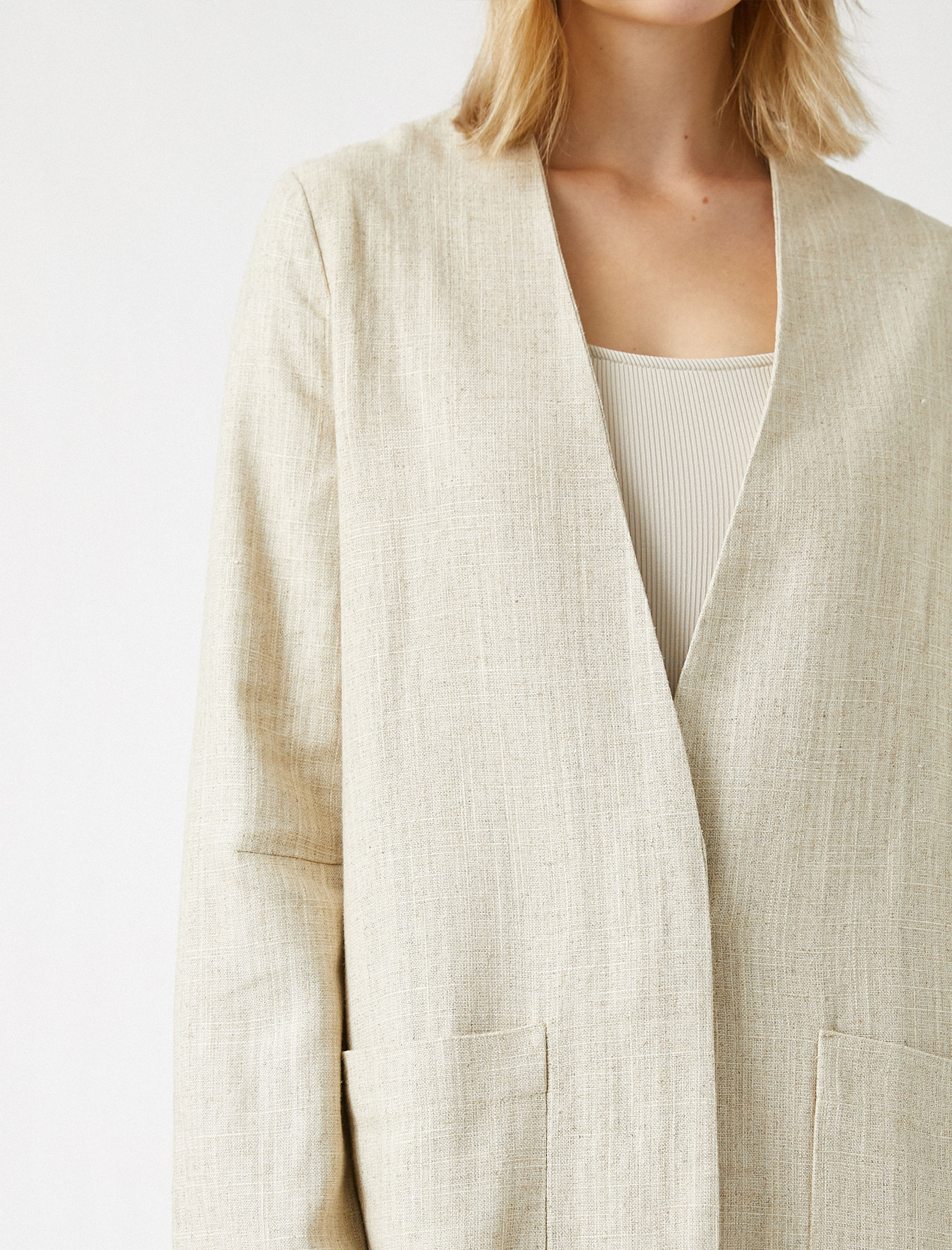 Keten Karışımlı V Yaka Trençkot