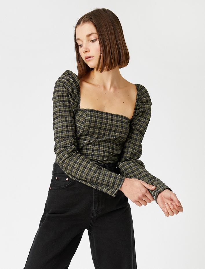  U Yaka Balon Kollu Kareli Bluz