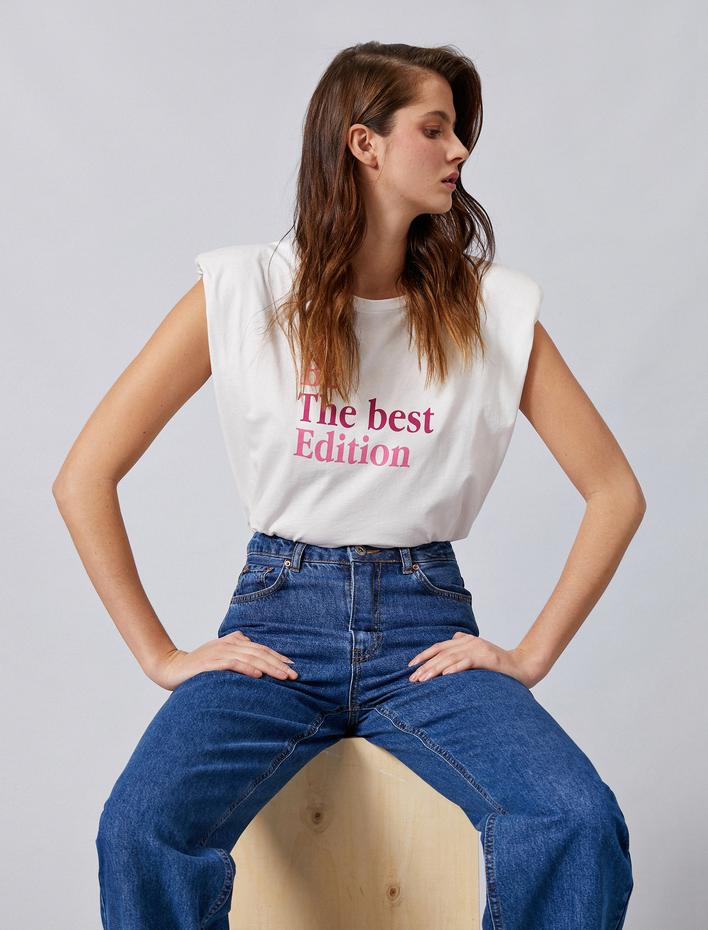  Vatkalı Tişört Bisiklet Yaka Slogan Detaylı Pamuklu