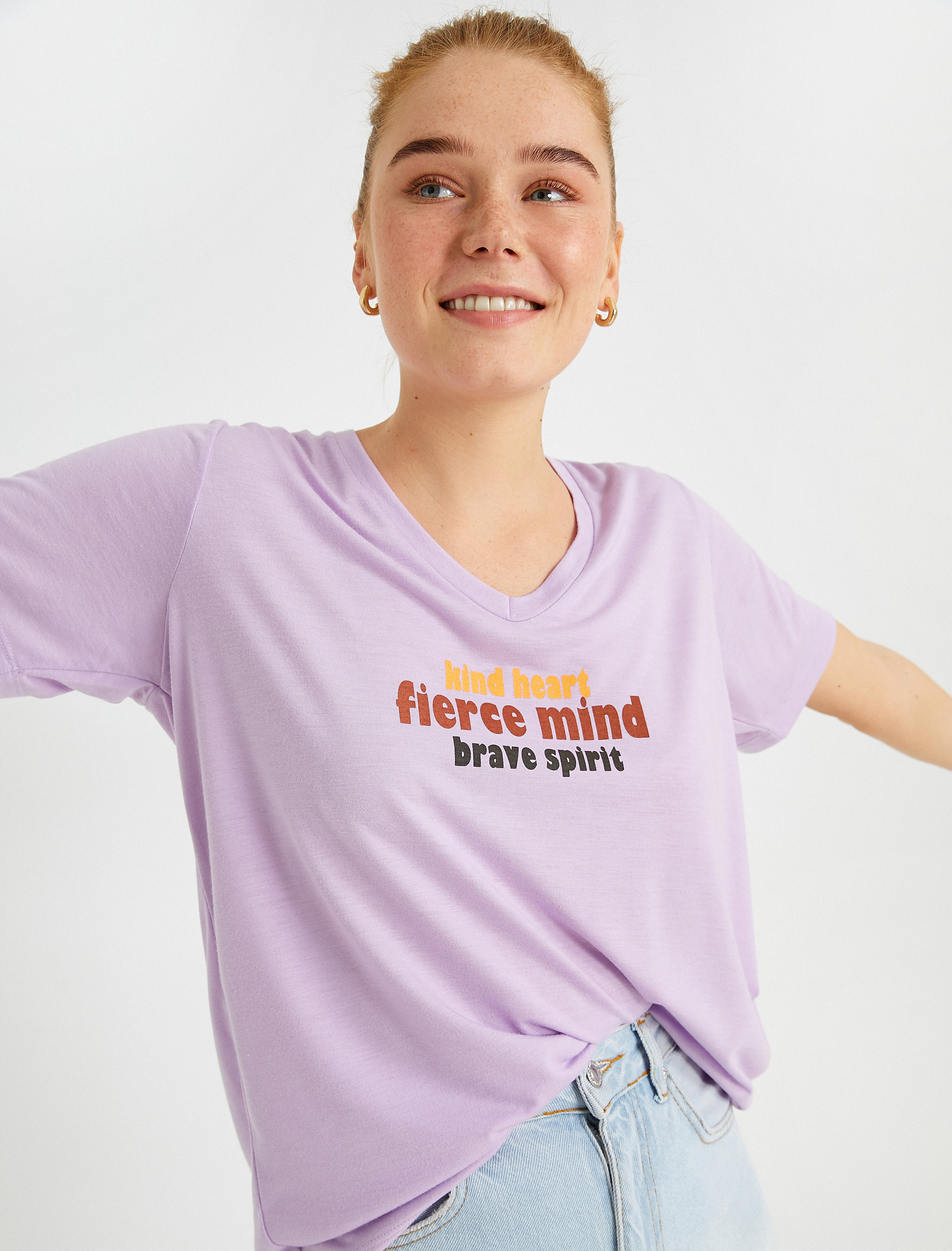   Slogan Baskılı Tişört V Yaka Kısa Kollu