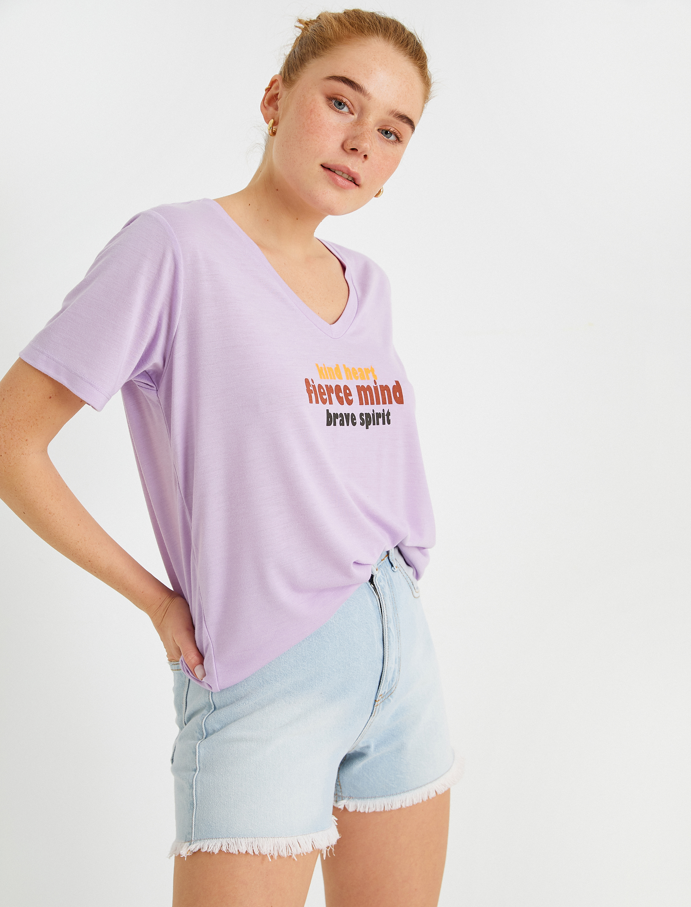   Slogan Baskılı Tişört V Yaka Kısa Kollu