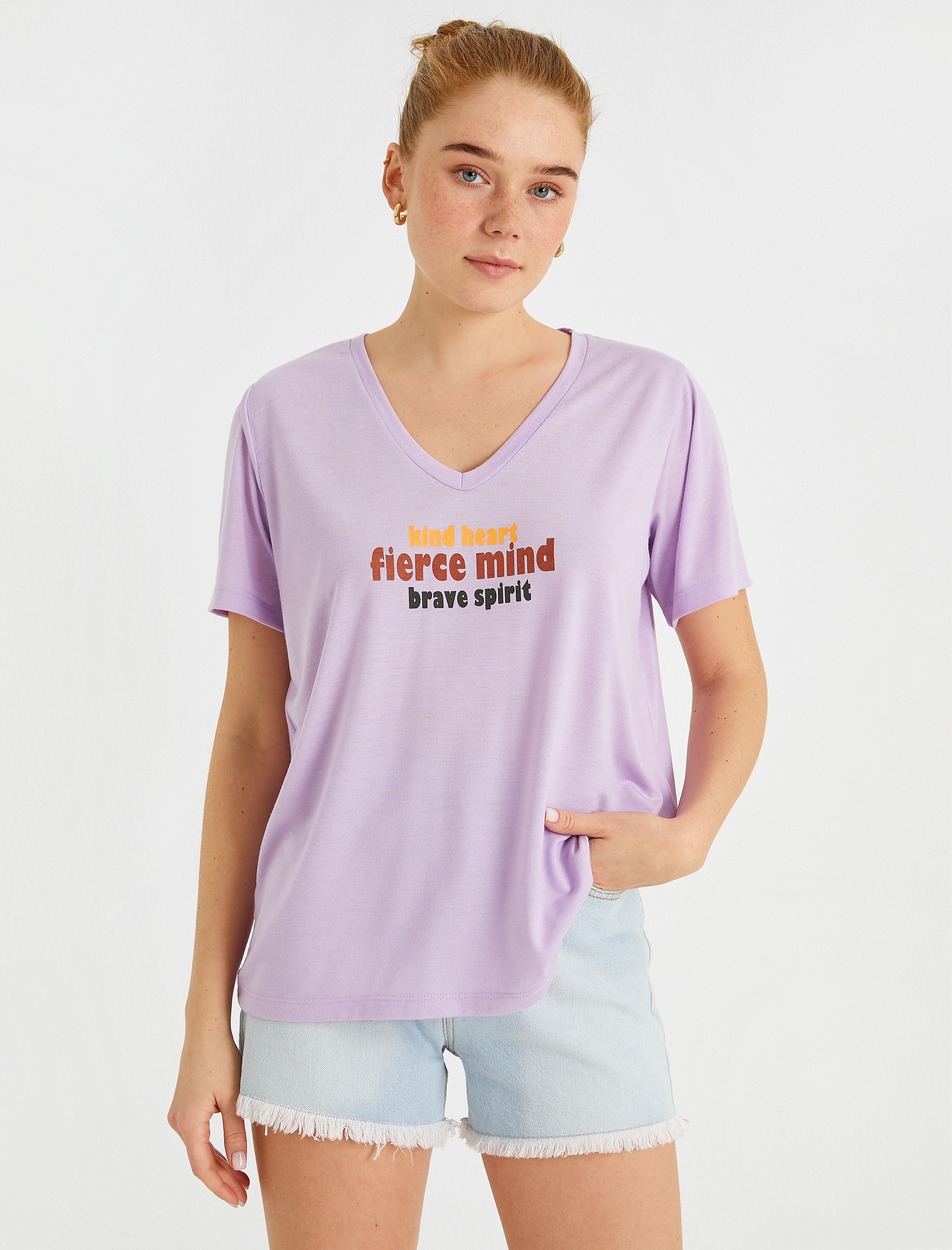   Slogan Baskılı Tişört V Yaka Kısa Kollu