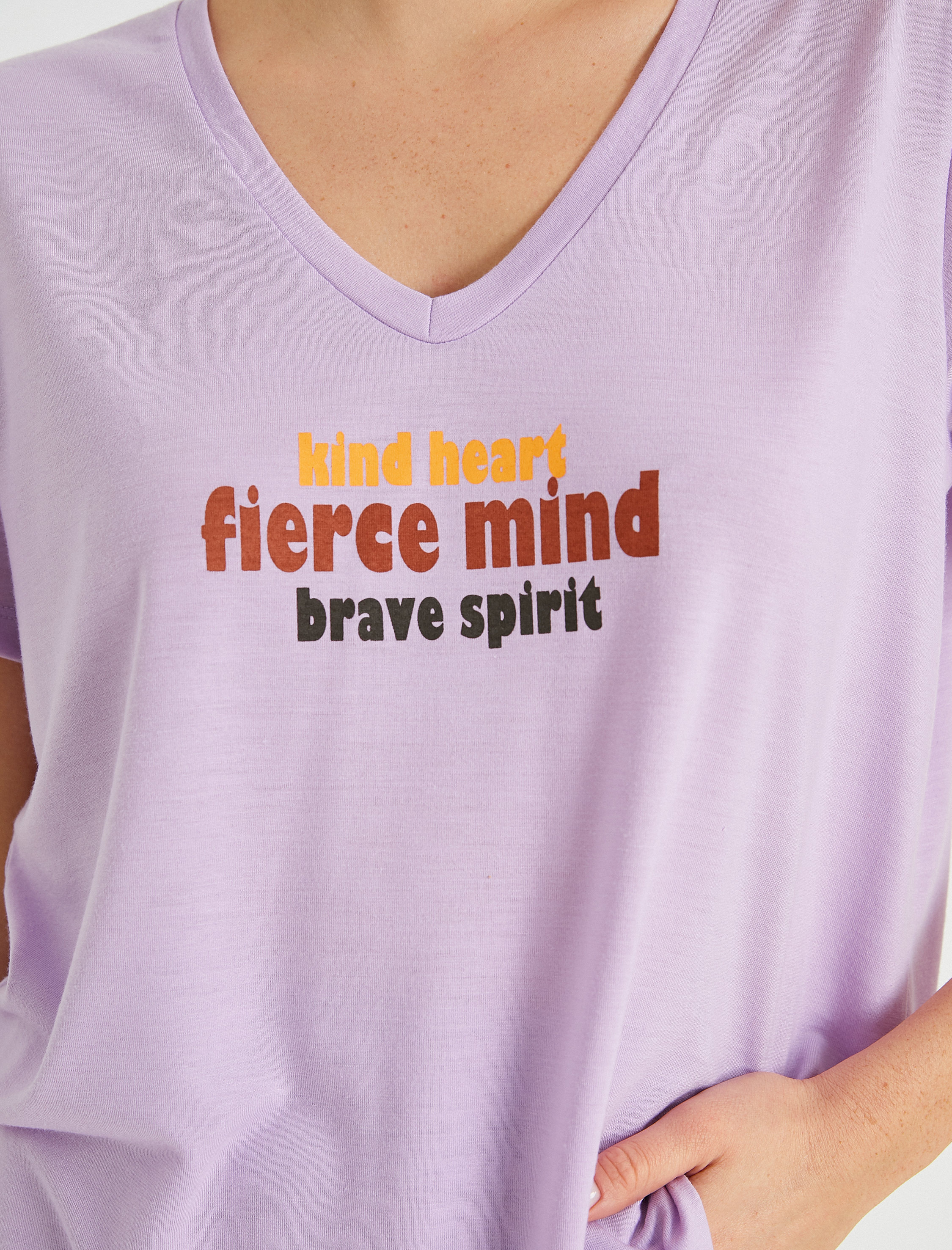   Slogan Baskılı Tişört V Yaka Kısa Kollu