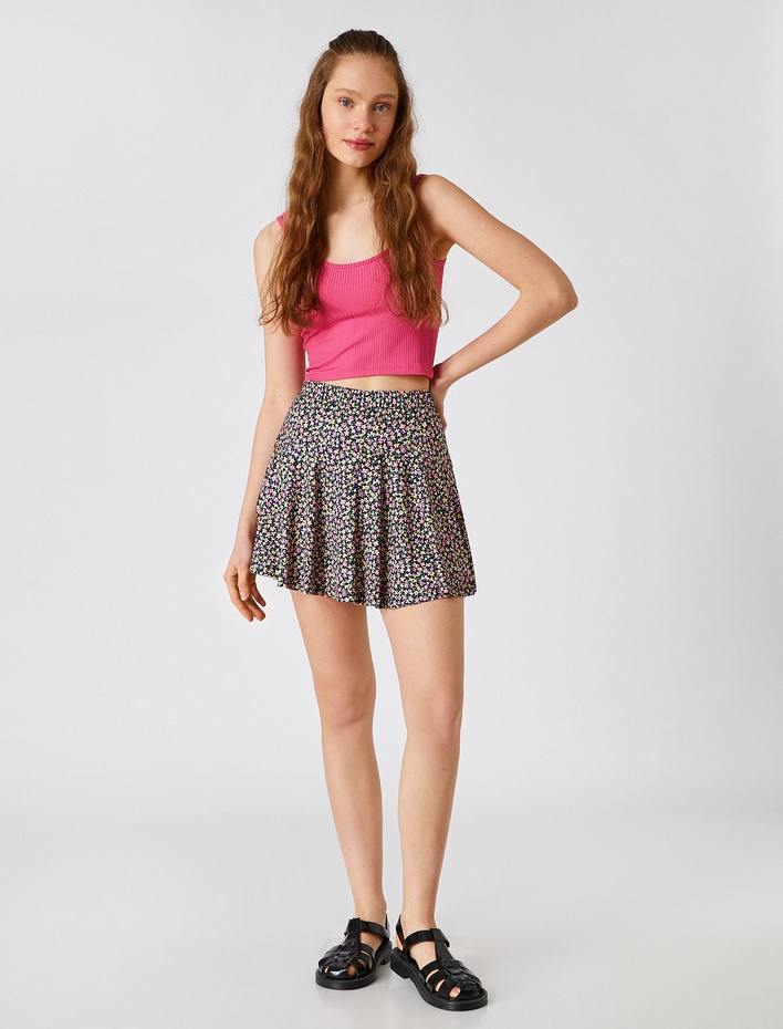  Çiçekli Mini Etek Beli Lastikli