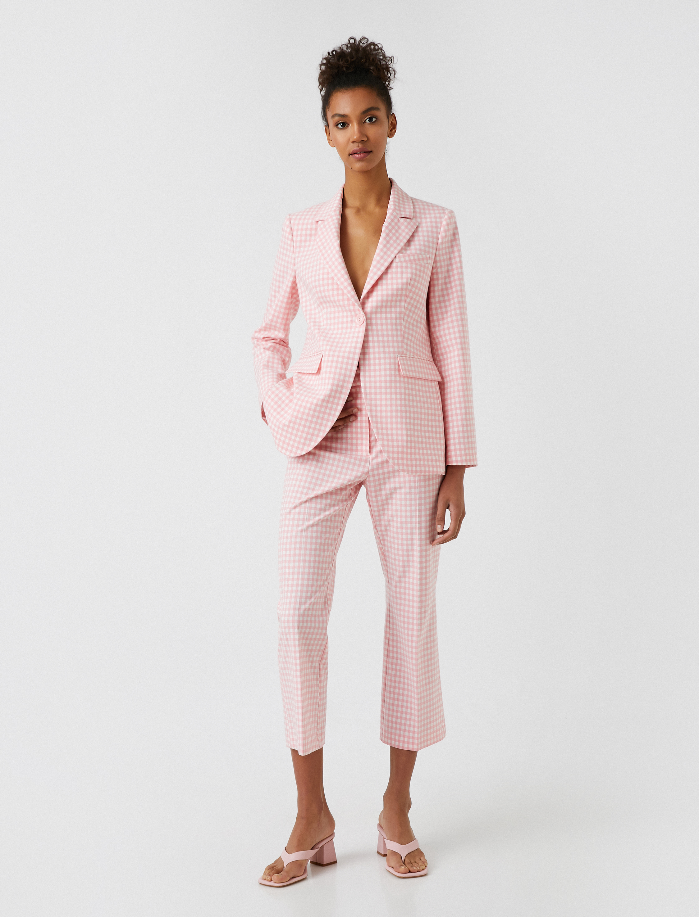   Ekose Yüksek Bel Kısa İspanyol Paça Kumaş Pantolon