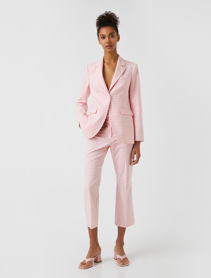  Ekose Yüksek Bel Kısa İspanyol Paça Kumaş Pantolon