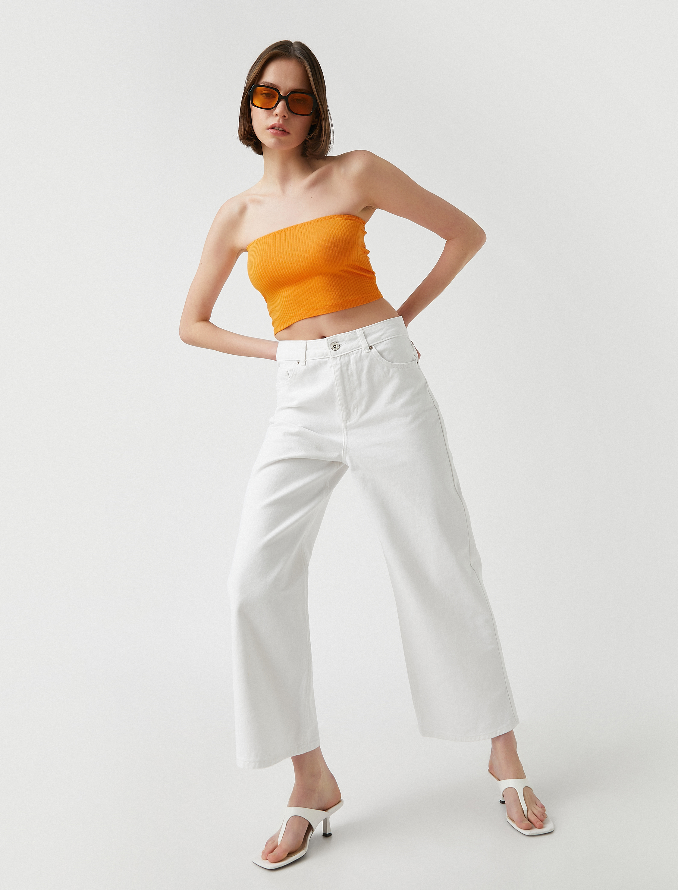   Bilek Boy Geniş Paça Yüksek Bel Kot Pantolon