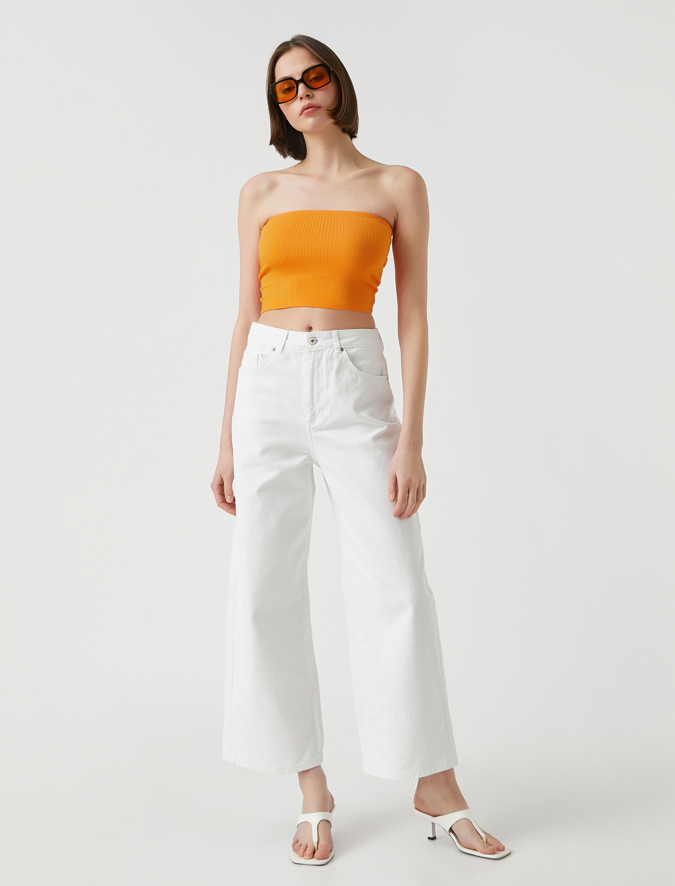   Bilek Boy Geniş Paça Yüksek Bel Kot Pantolon