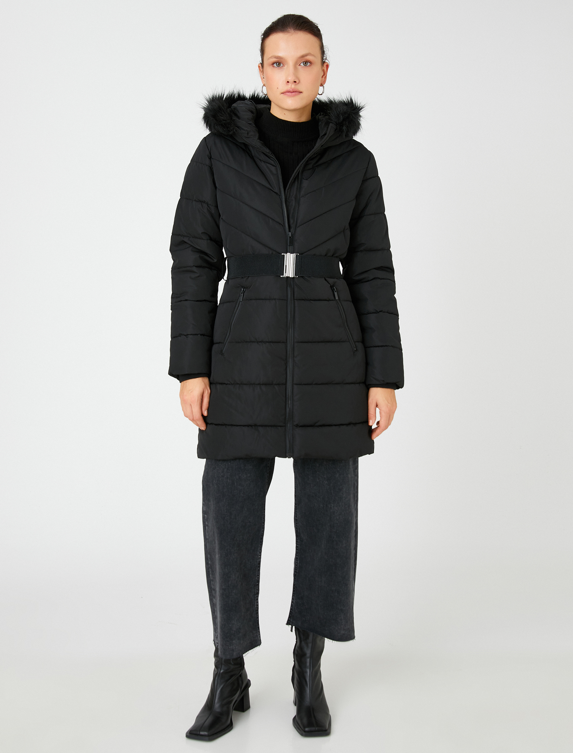   Uzun Şişme Mont Suni Kürk Detaylı Kemerli