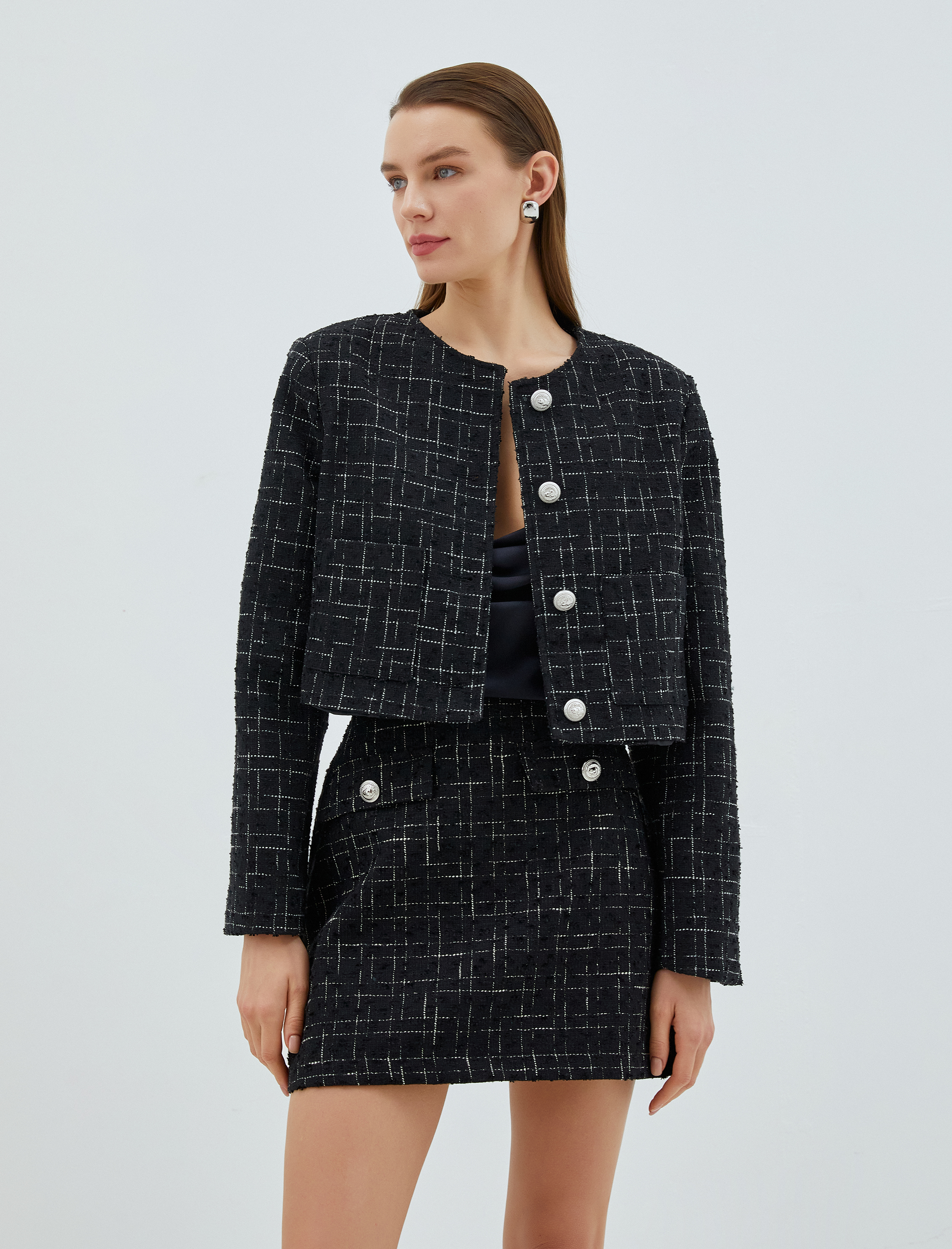   Crop Tüvit Blazer Ceket Cep Detaylı