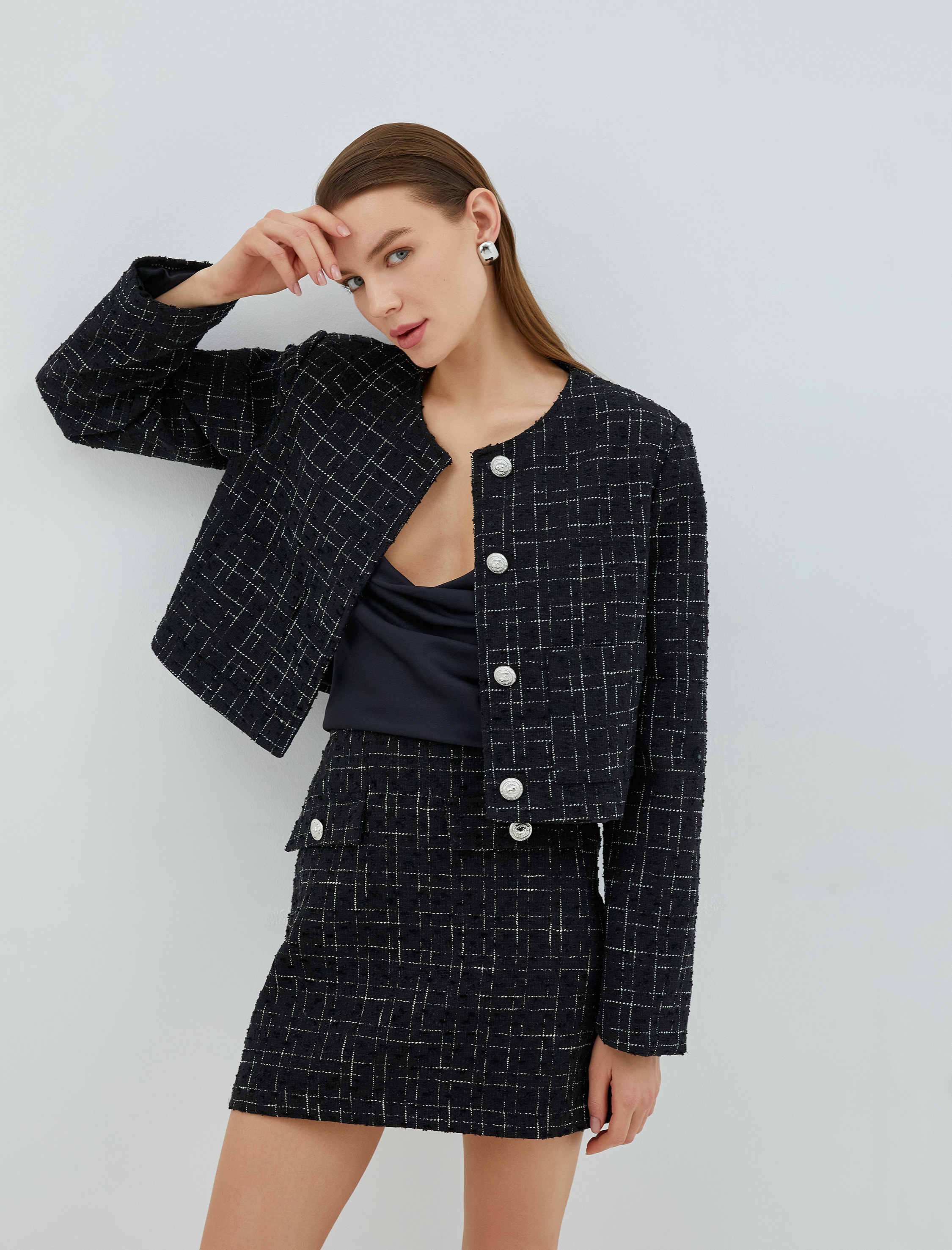   Crop Tüvit Blazer Ceket Cep Detaylı