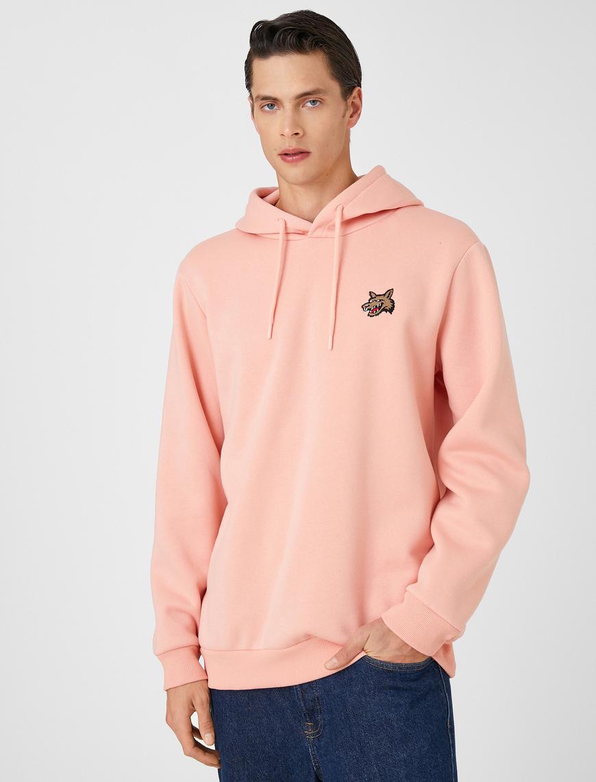   Basic Kapşonlu Sweatshirt Köpek Nakışlı Uzun Kollu