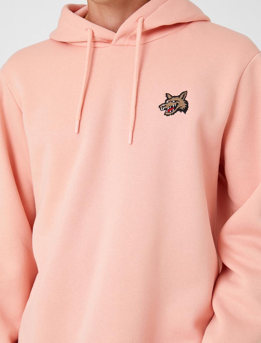   Basic Kapşonlu Sweatshirt Köpek Nakışlı Uzun Kollu