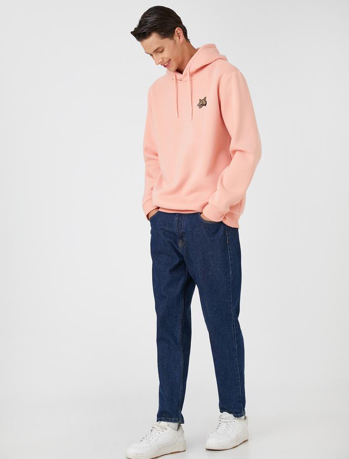  Basic Kapşonlu Sweatshirt Köpek Nakışlı Uzun Kollu