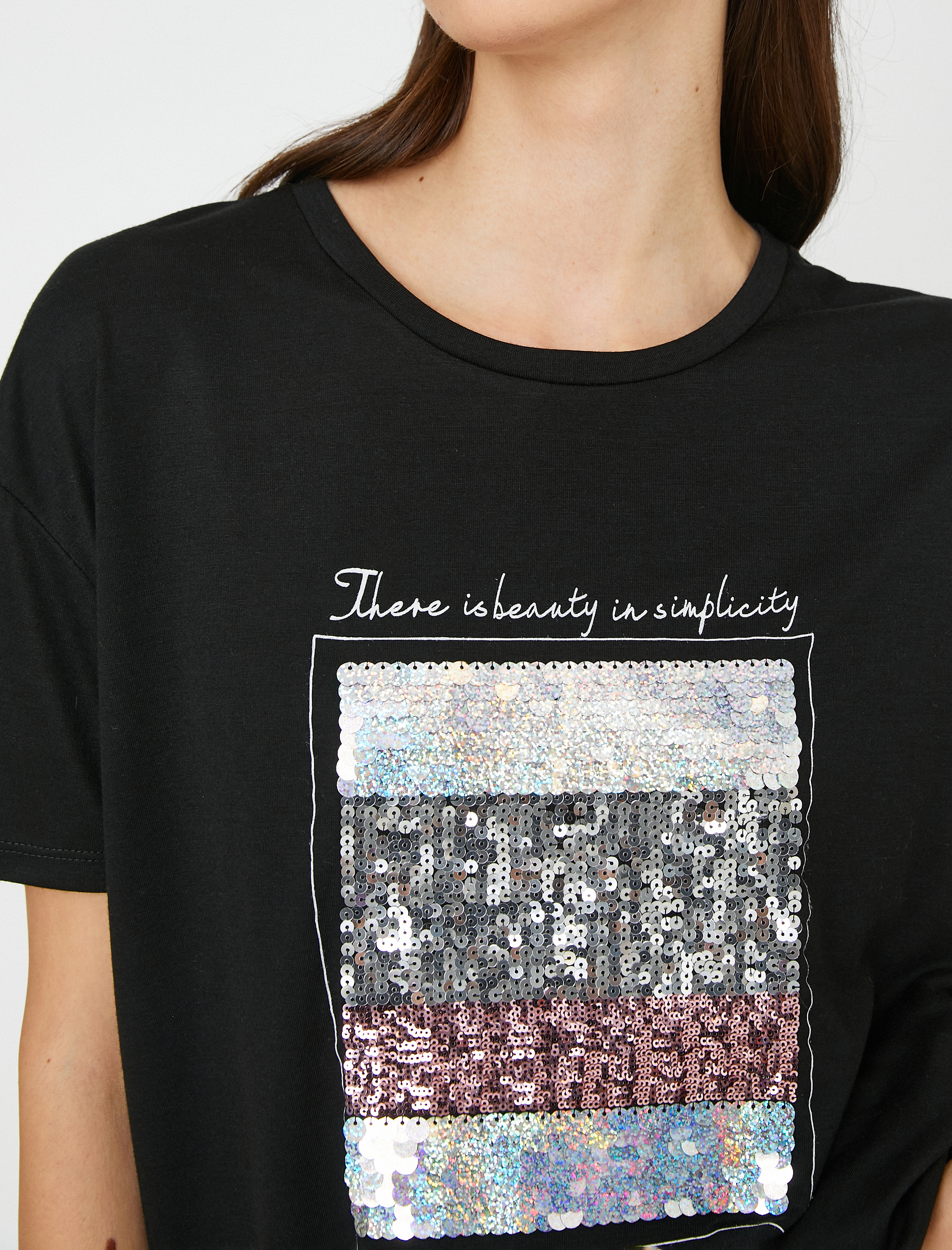   Payetli Yazı Baskılı Tişört Bisiklet Yaka Kısa Kollu