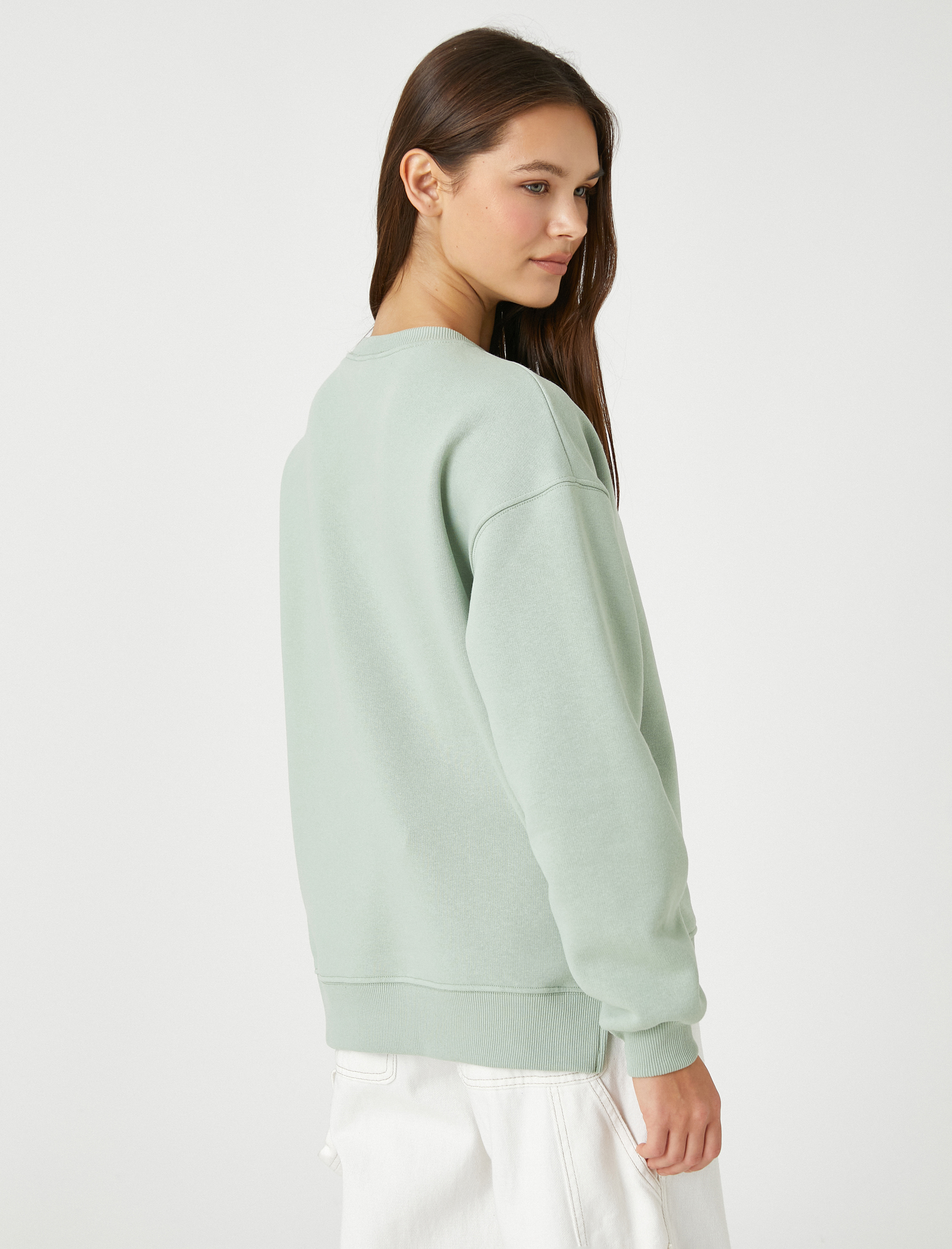   Şardonlu Bisiklet Yaka Sweatshirt Slogan İşlemeli Uzun Kollu