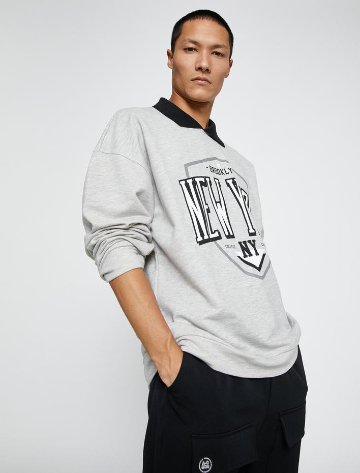  Kolej Sweatshirt Gömlek Yaka Detaylı Uzun Kollu Baskılı