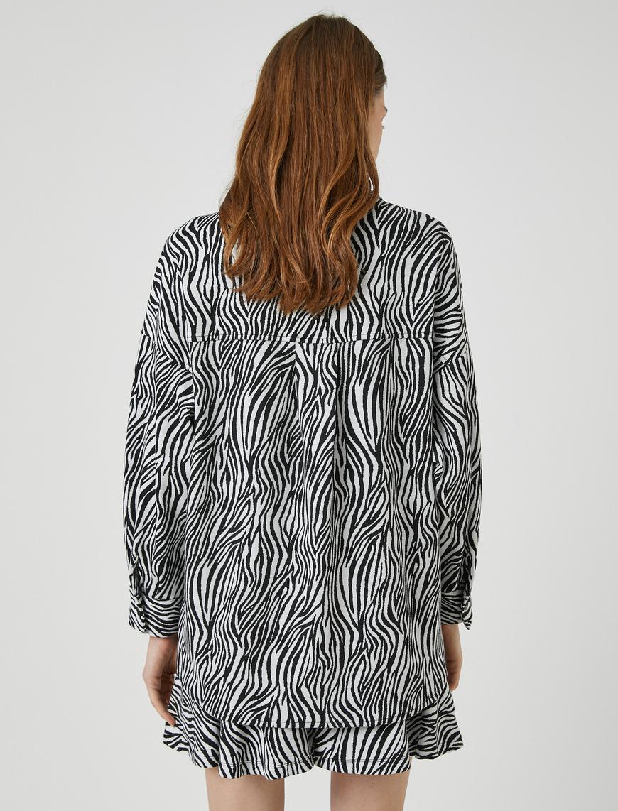   Zebra Desenli Gömlek Cepli Uzun Kollu