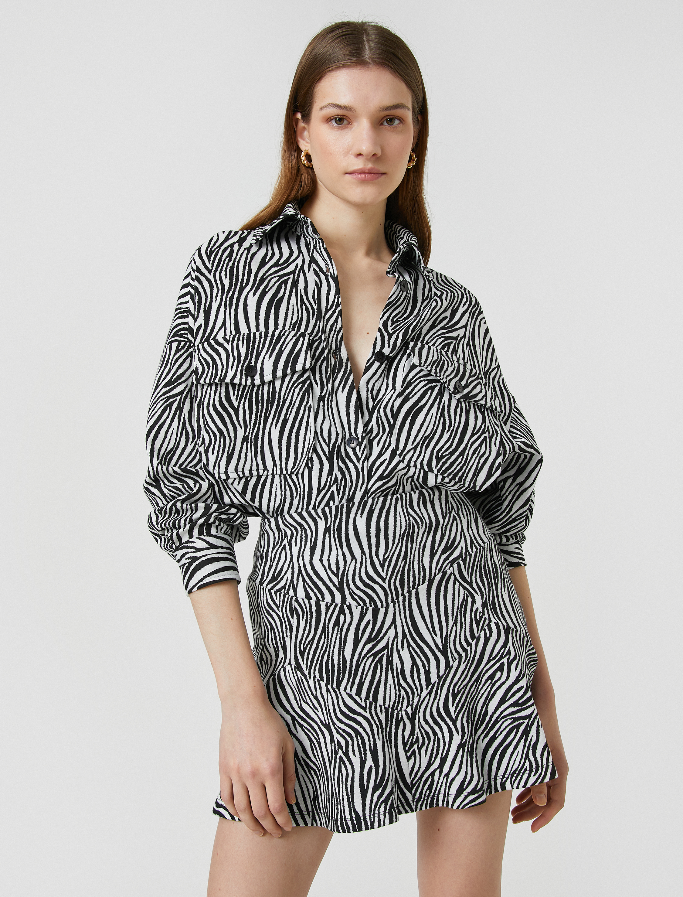 Zebra Desenli Gömlek Cepli Uzun Kollu
