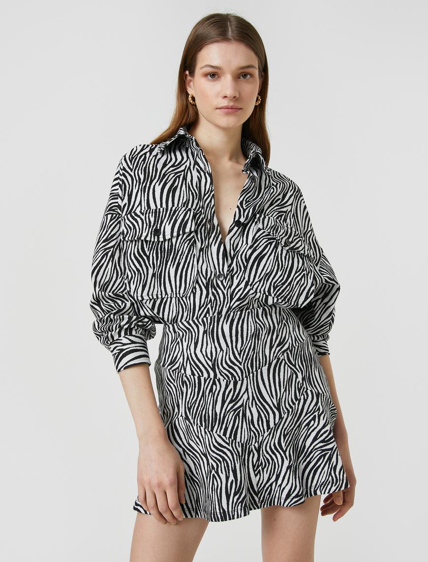   Zebra Desenli Gömlek Cepli Uzun Kollu