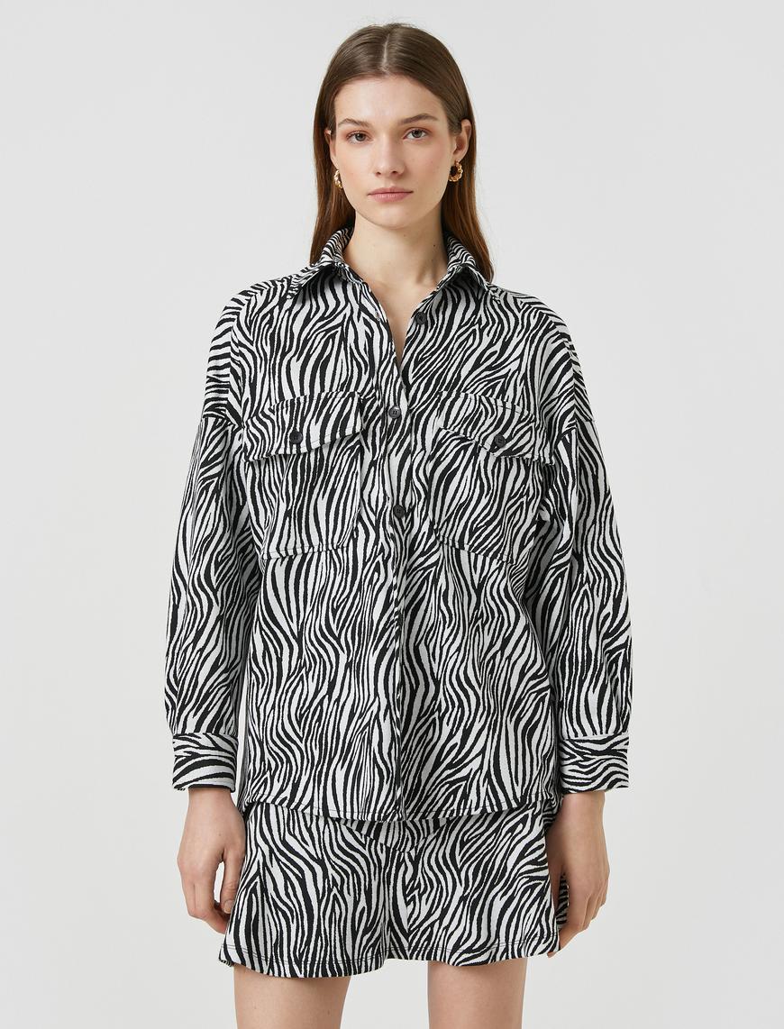   Zebra Desenli Gömlek Cepli Uzun Kollu