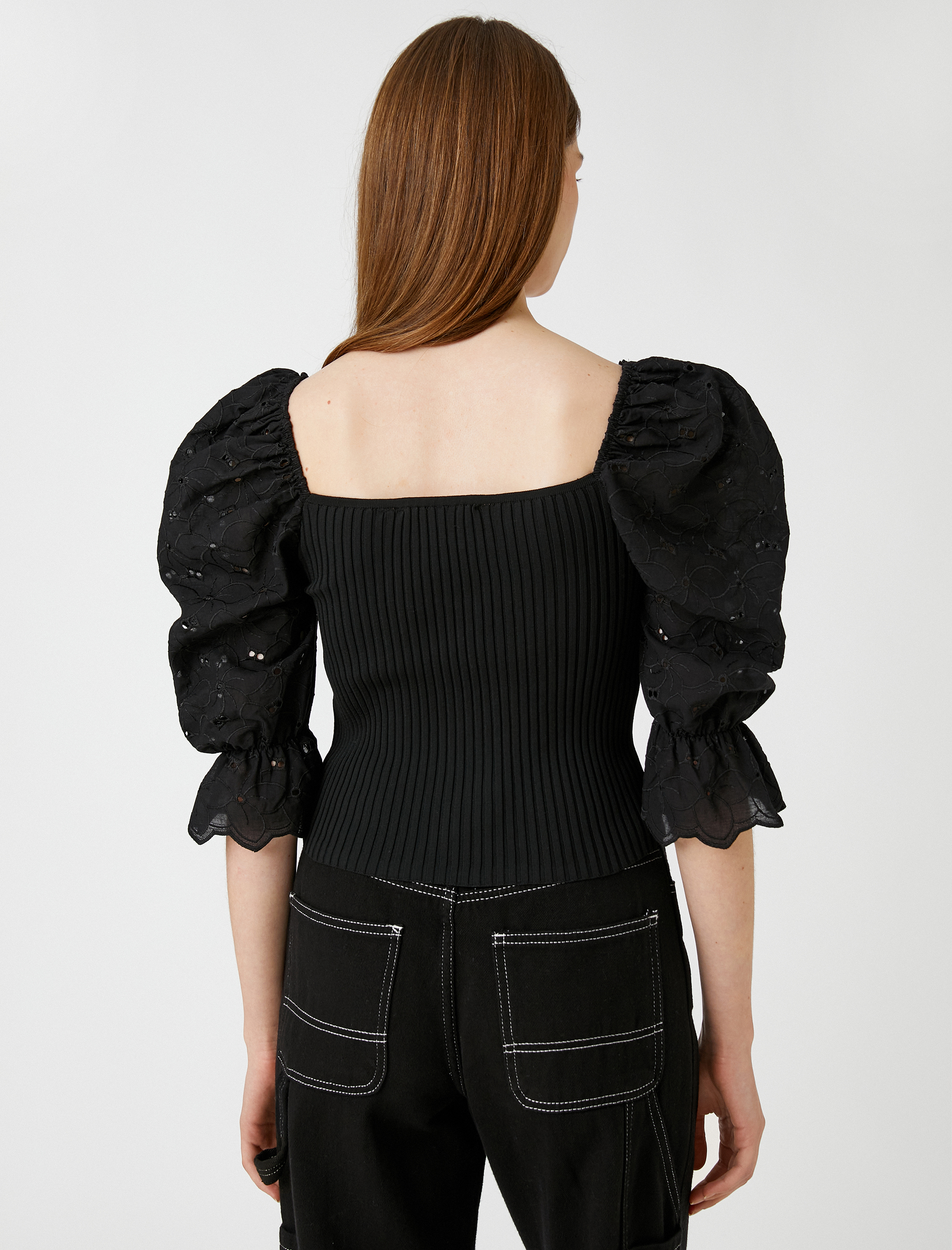 RIKO様 Siyah Kadın Fisto Detaylı Ribanalı Triko Kazak Kare Yaka