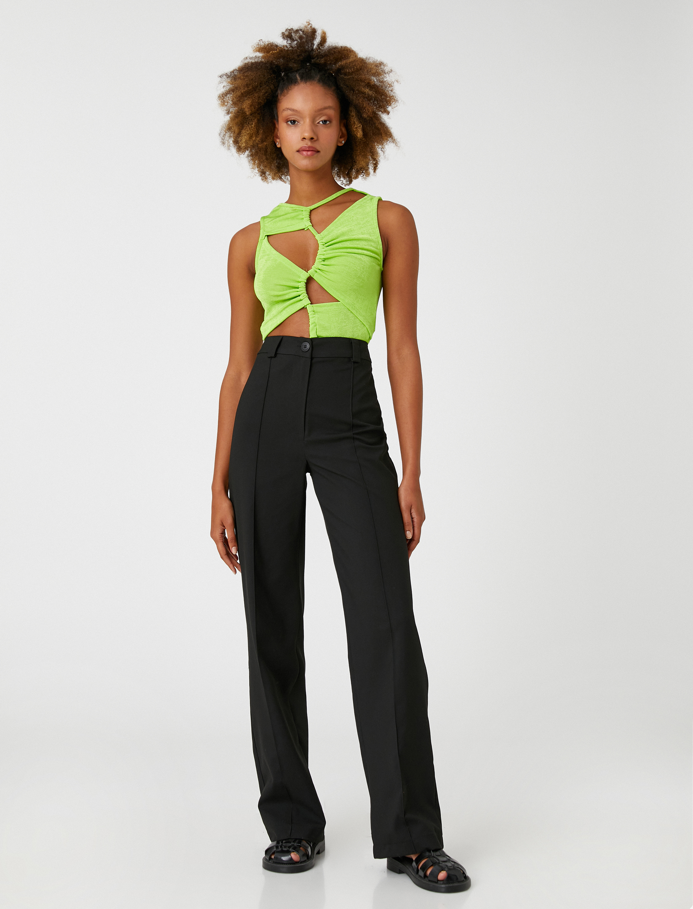   Kumaş Pantolon Bol Paça Yüksek Bel Önü Nervürlü