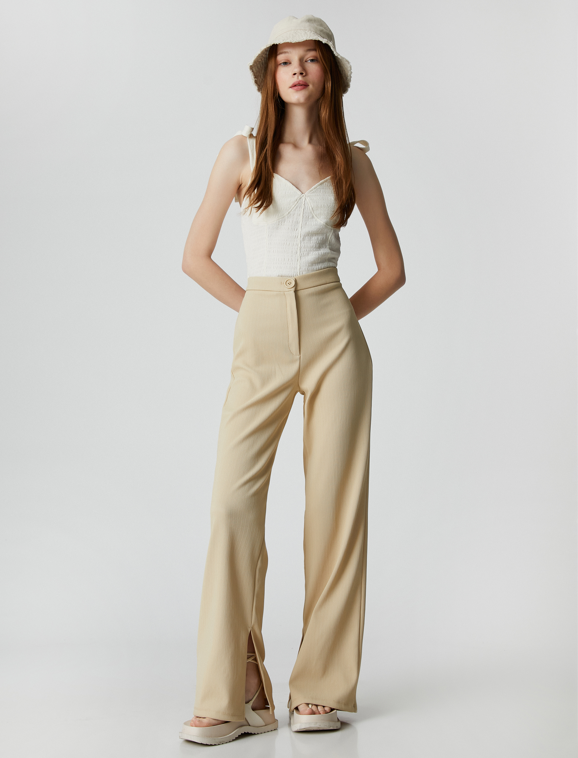   İspanyol Paça Pantolon Yüksek Bel Fitilli Paçası Yırtmaçlı