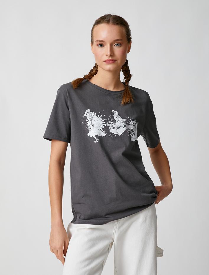  Baskılı Tişört Kısa Kollu Bisiklet Yaka