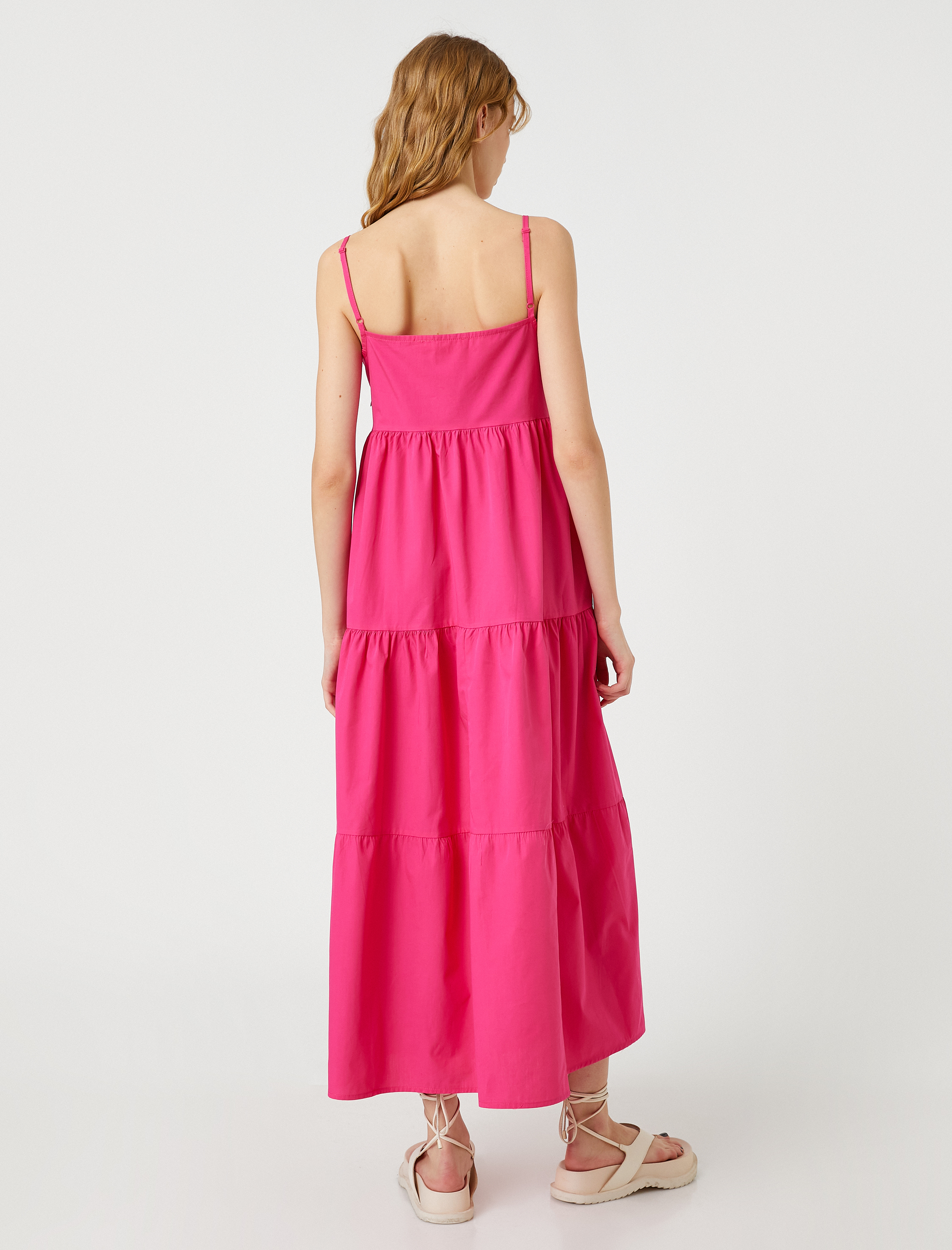 Uzun Katlı Poplin Elbise Kare Yaka İnce Askılı