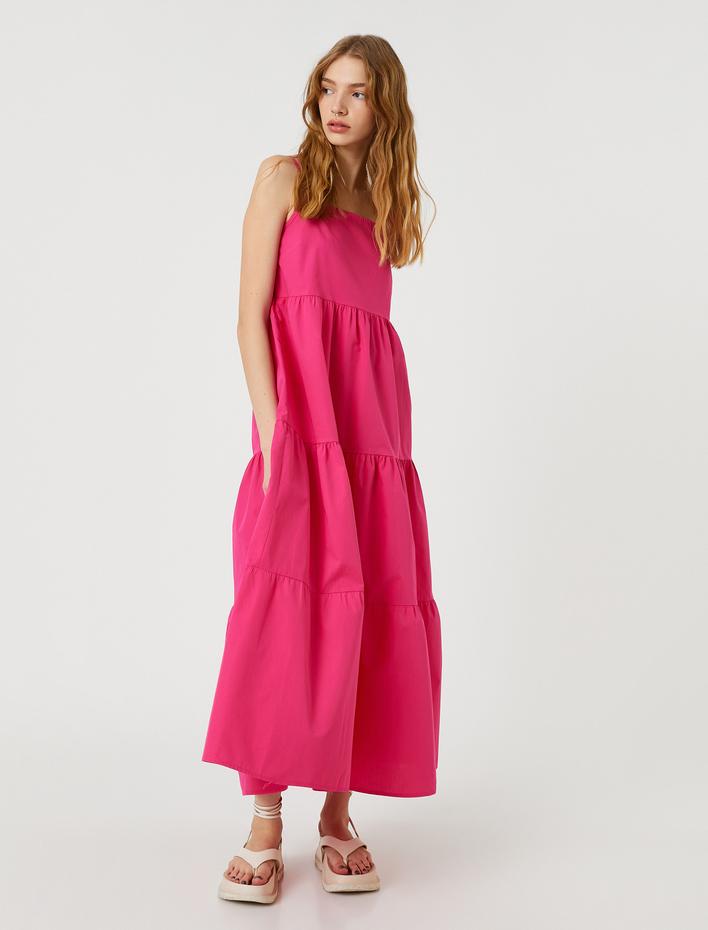  Uzun Katlı Poplin Elbise Kare Yaka İnce Askılı