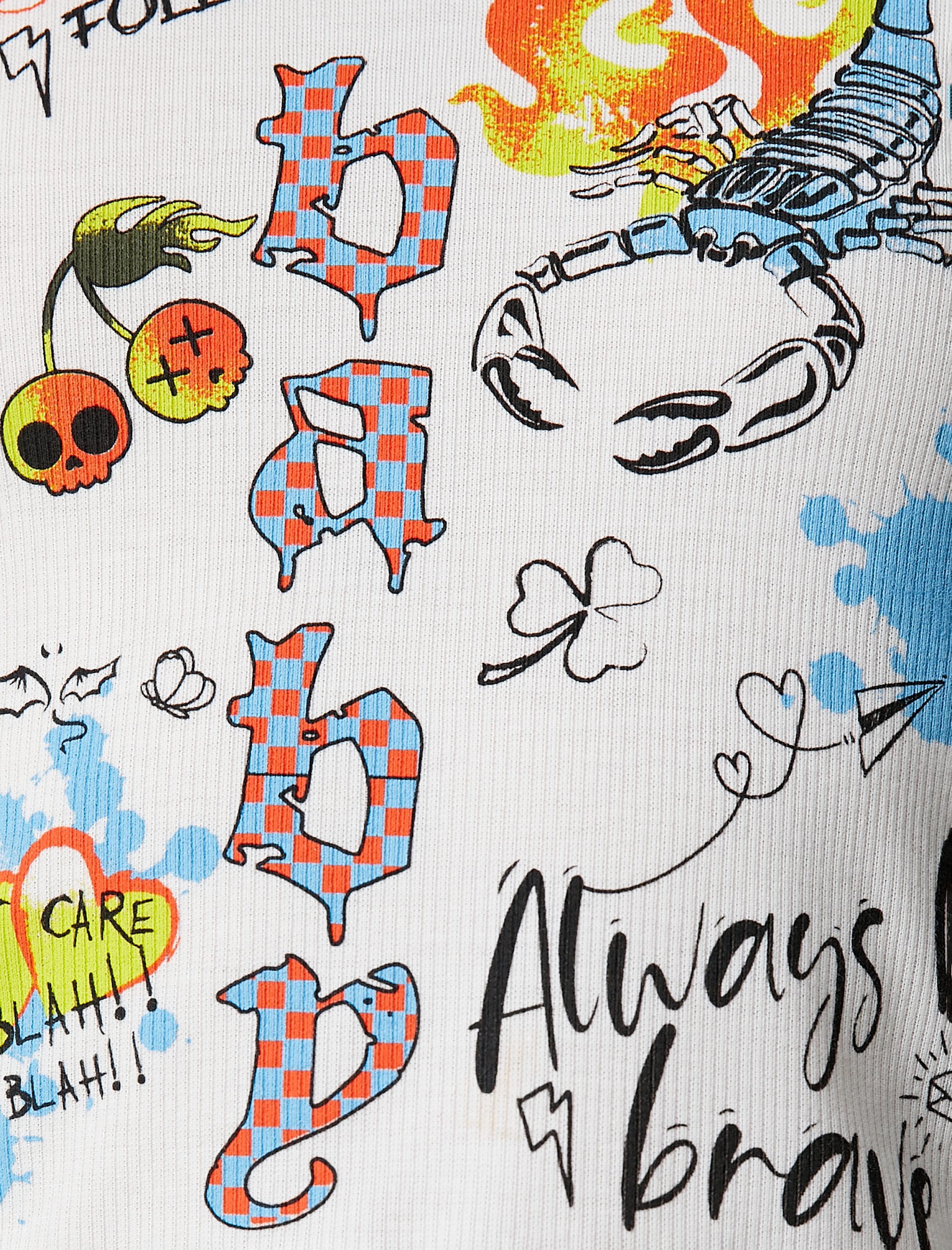   Crop Tişört Uzun Kollu Grafiti ve Kiraz Baskılı Bisiklet Yaka