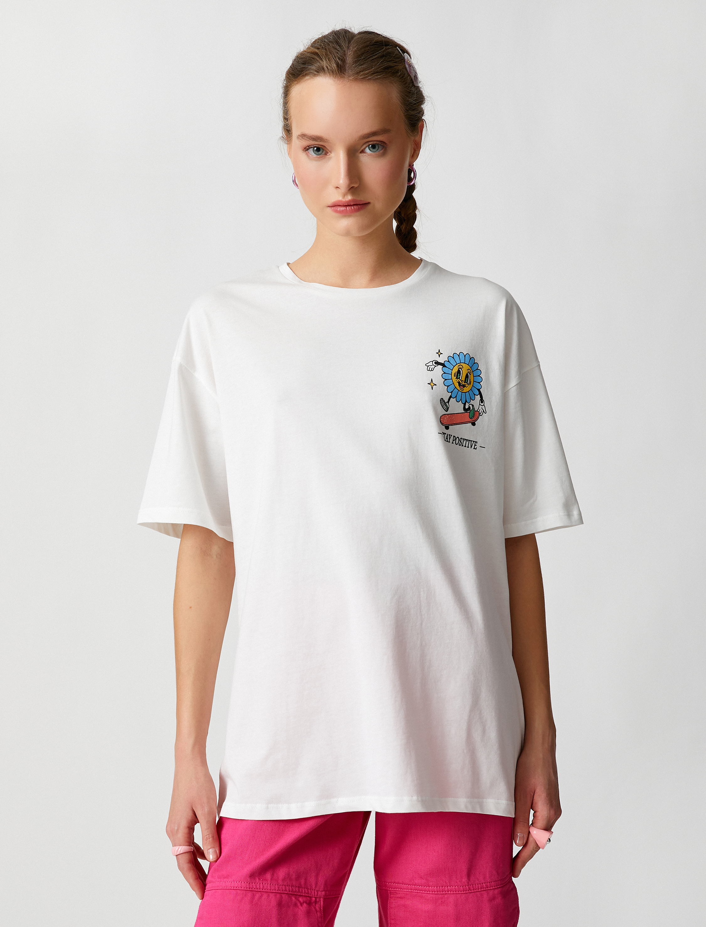   Oversize Tişört Sırt Baskılı Pamuklu Bisiklet Yaka Kısa Kollu