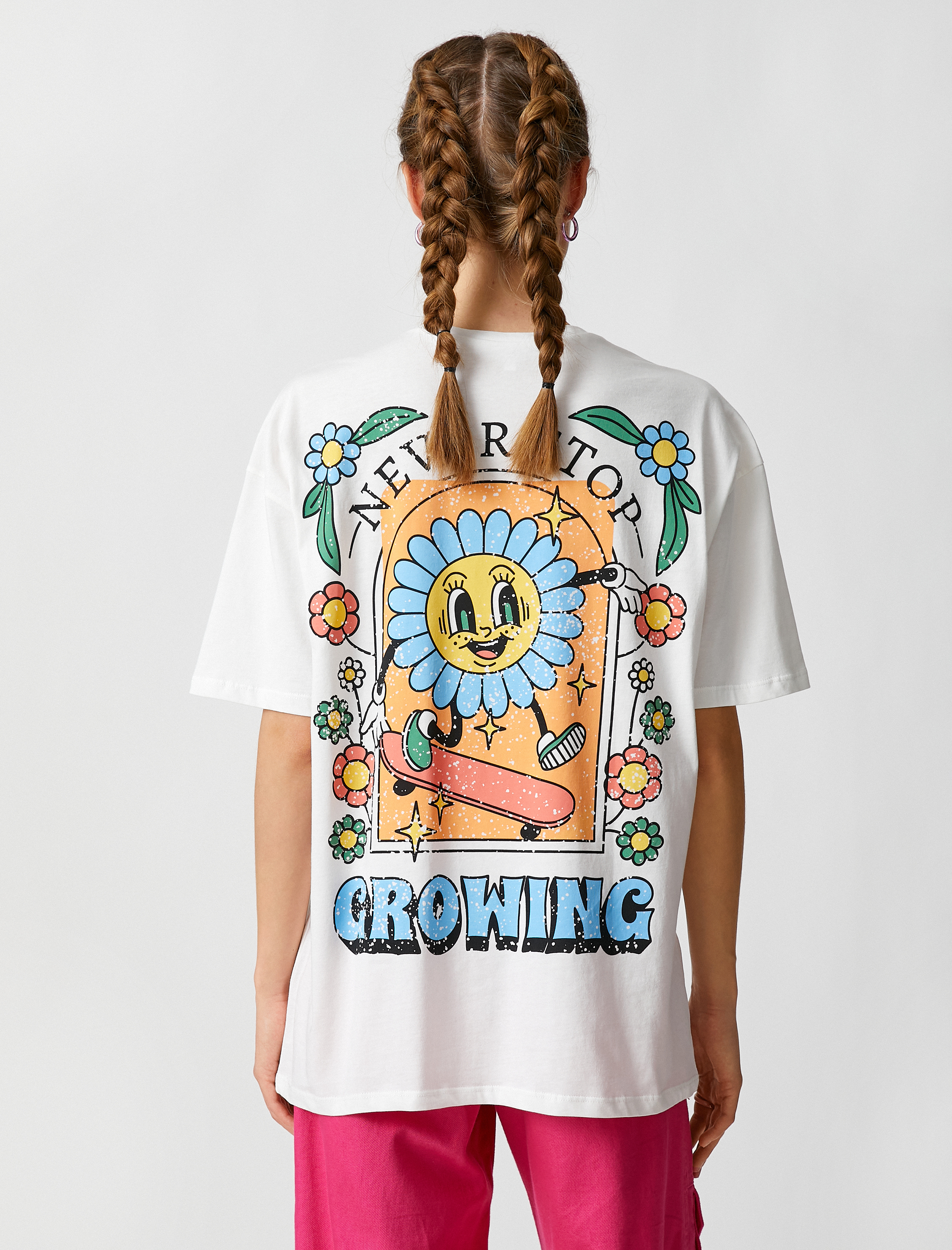   Oversize Tişört Sırt Baskılı Pamuklu Bisiklet Yaka Kısa Kollu