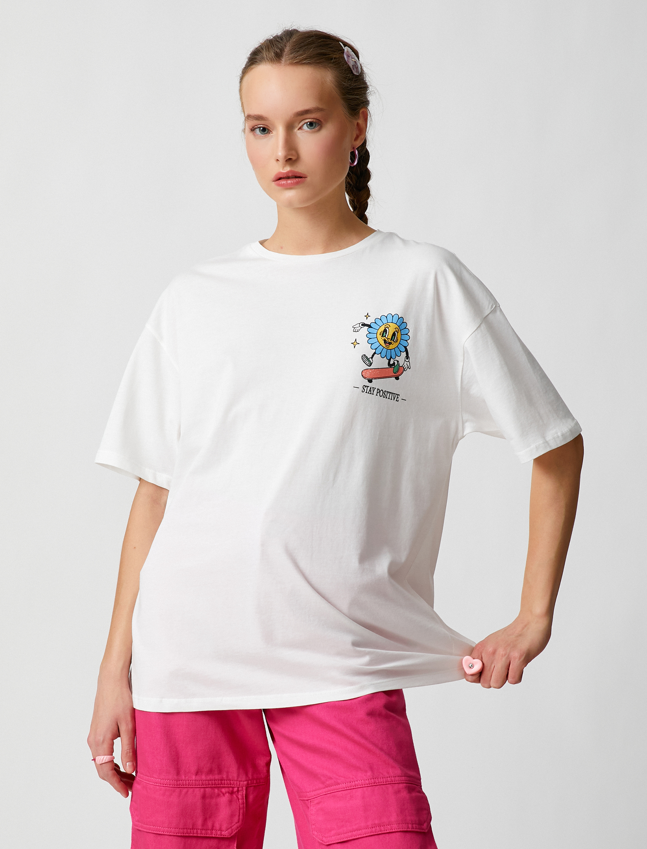   Oversize Tişört Sırt Baskılı Pamuklu Bisiklet Yaka Kısa Kollu