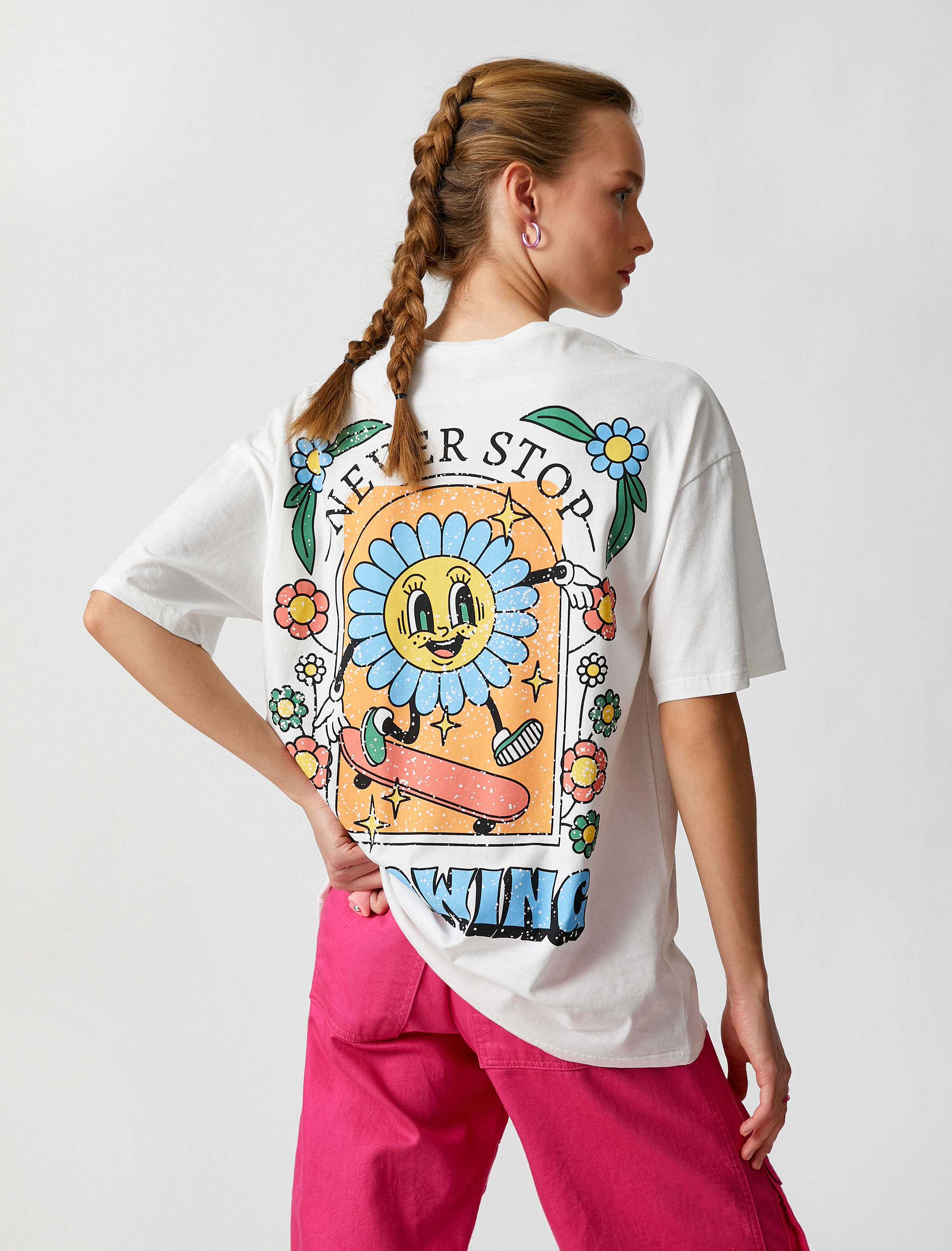   Oversize Tişört Sırt Baskılı Pamuklu Bisiklet Yaka Kısa Kollu