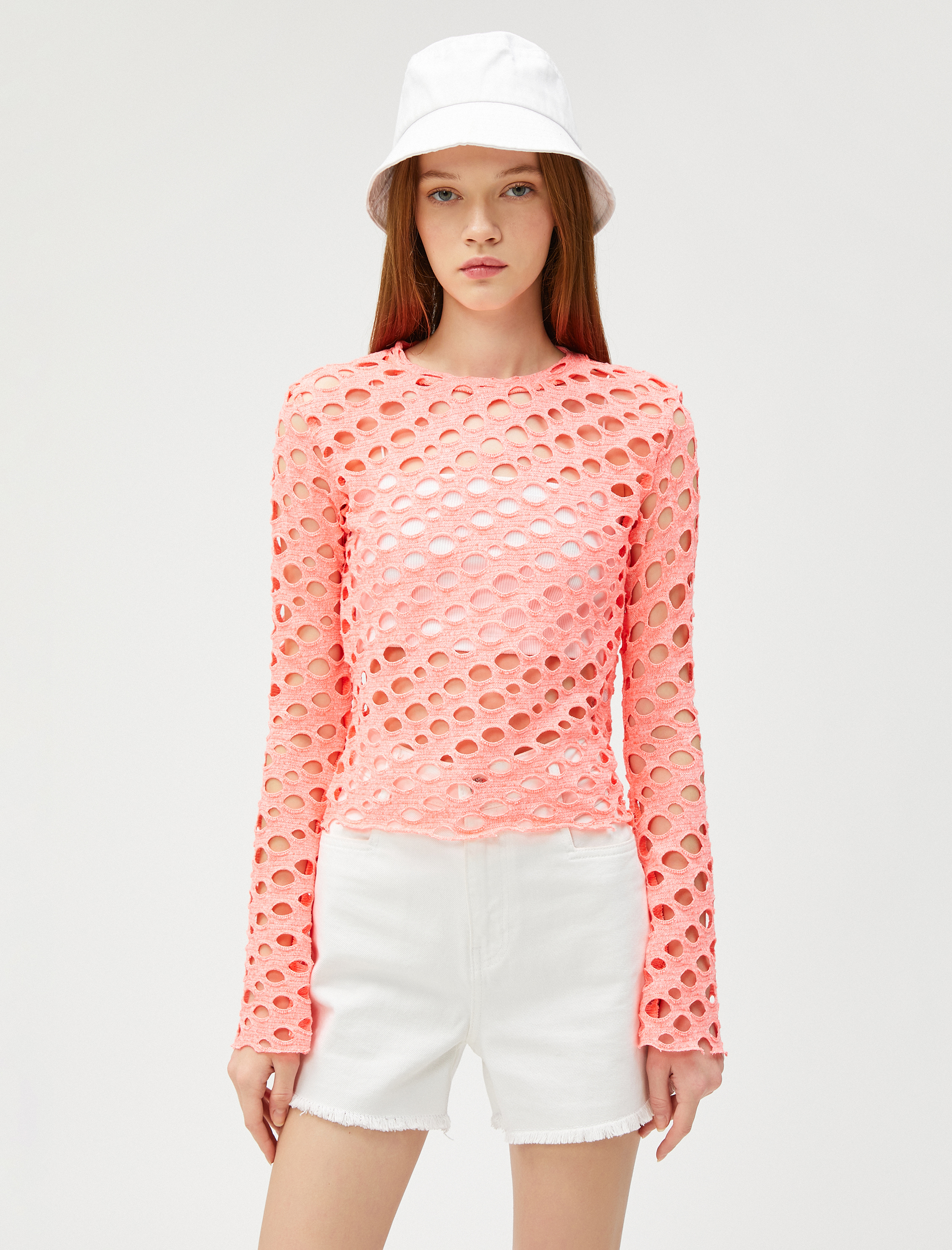   Uzun Kollu Tişört File Ajurlu Bisiklet Yaka