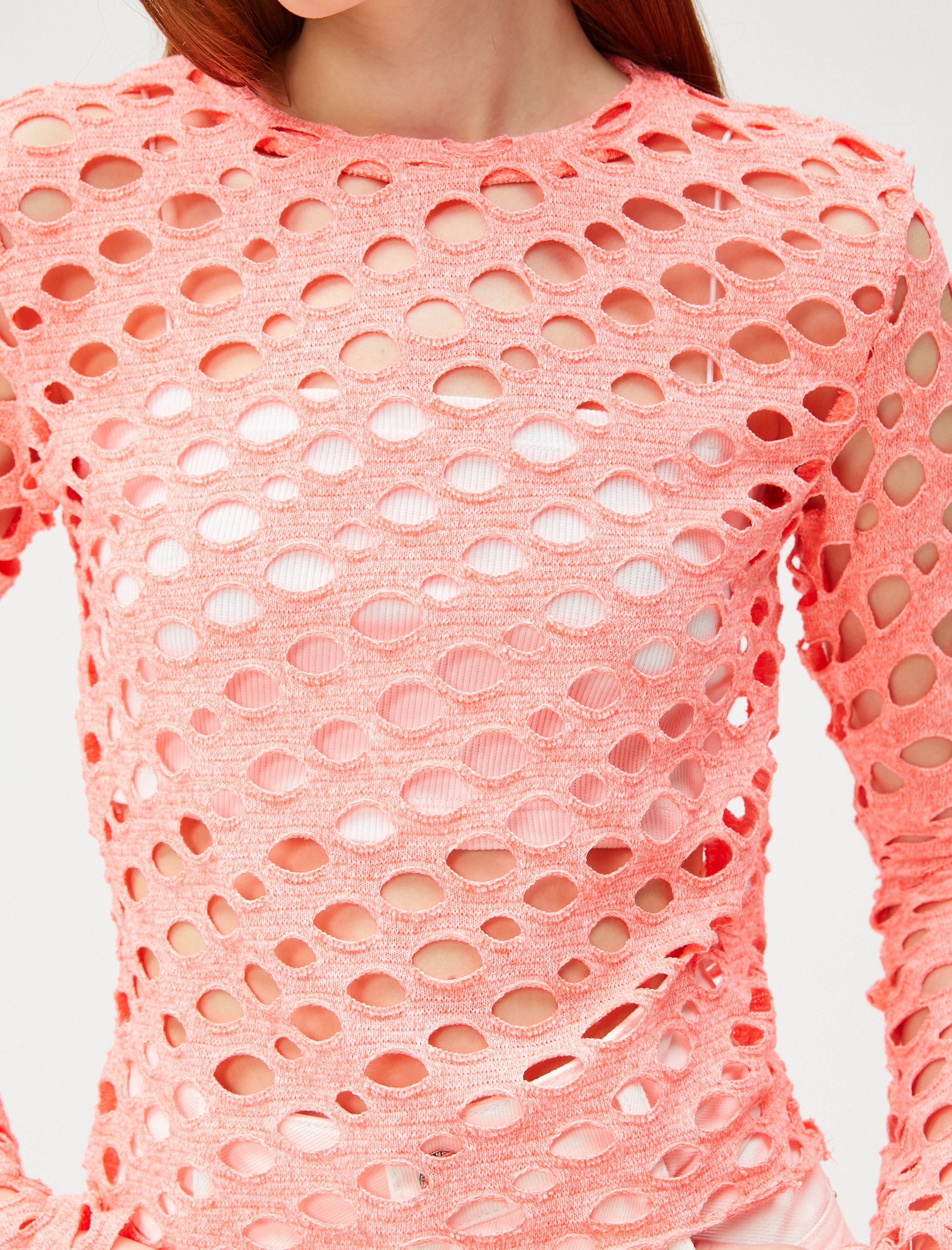   Uzun Kollu Tişört File Ajurlu Bisiklet Yaka