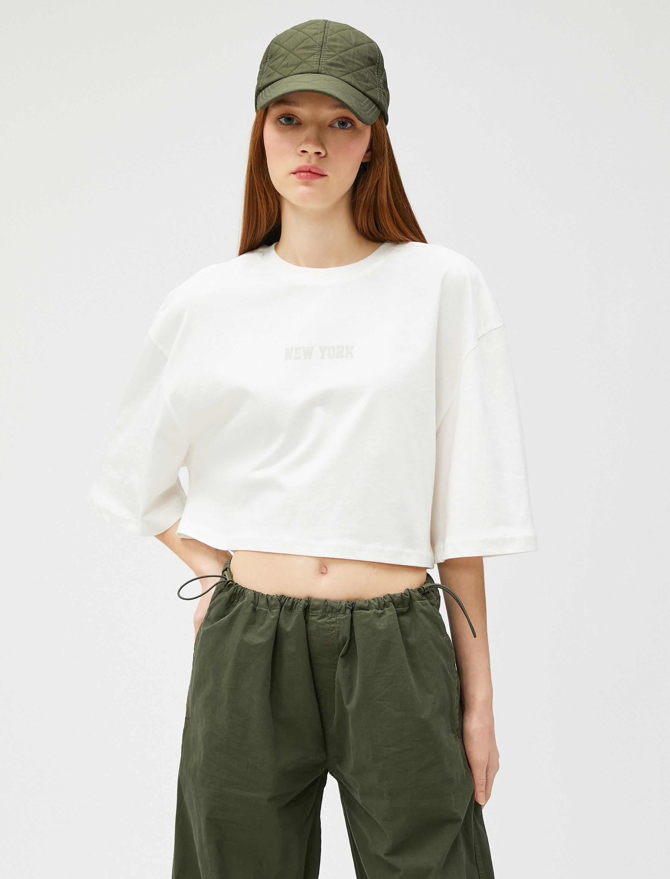   Crop Tişört Baskılı Bisiklet Yaka Pamuklu 3/4 Kollu