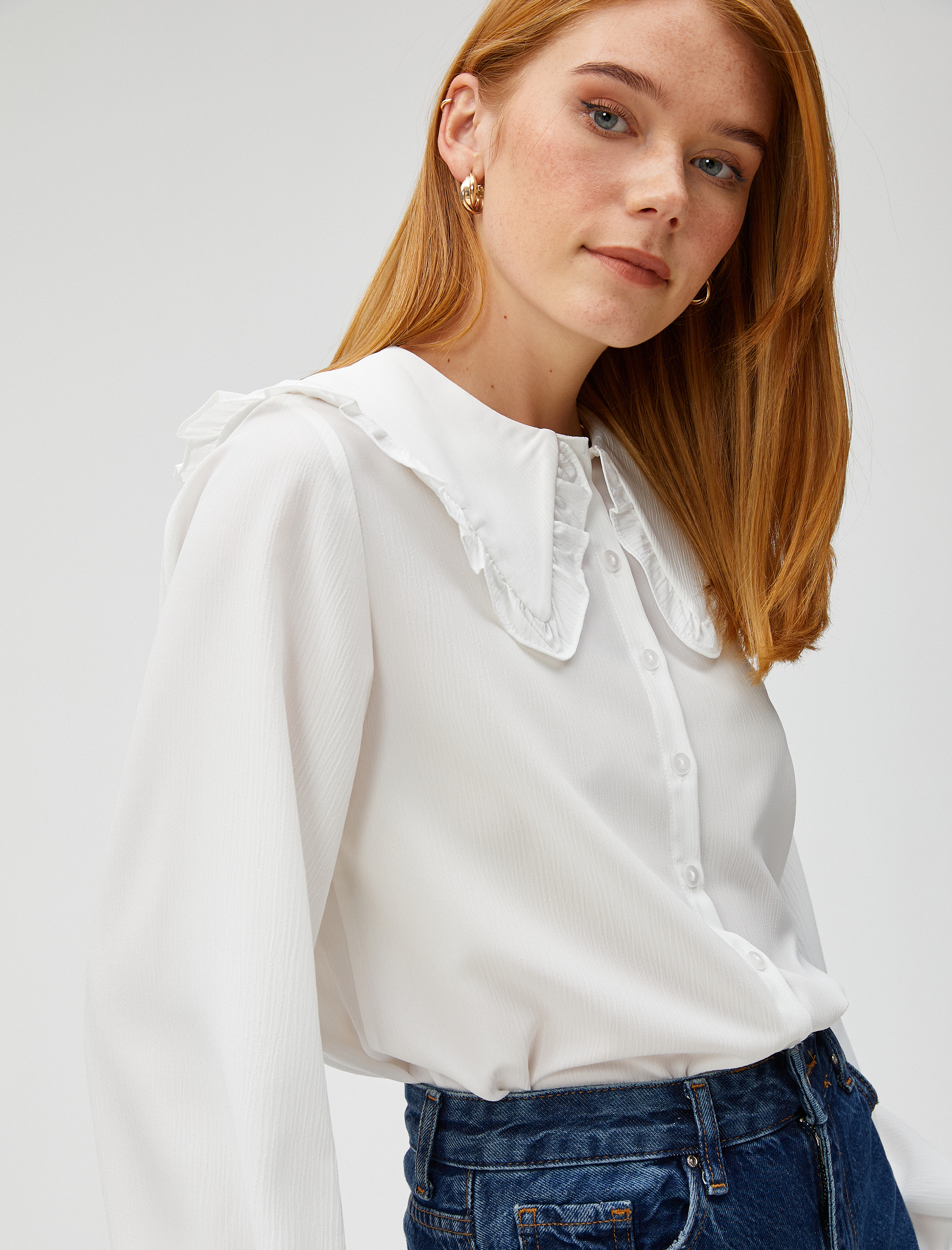   Geniş Bebe Yaka Gömlek Uzun Kollu