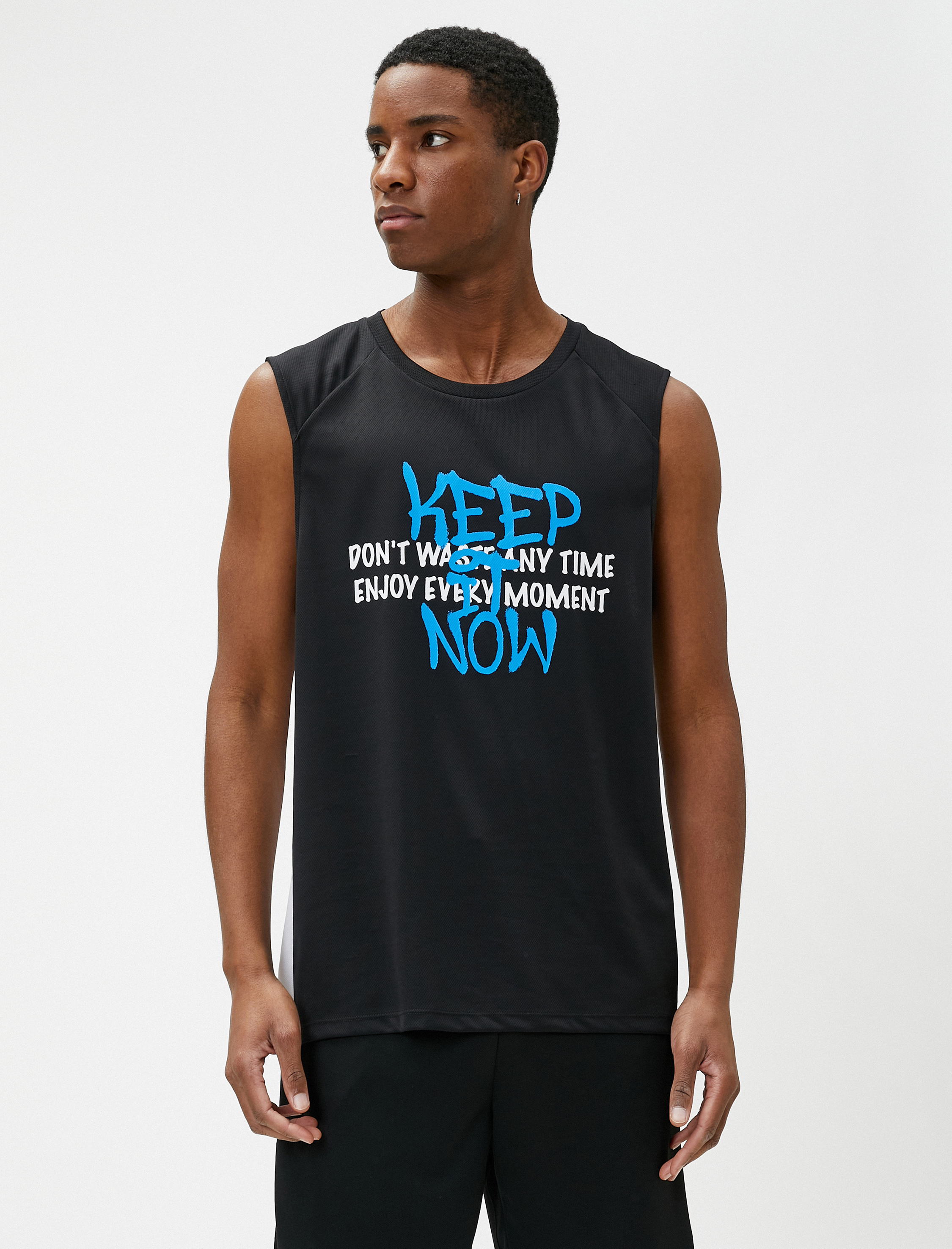   Sporcu Atleti Slogan Baskılı Bisiklet Yaka Kolsuz