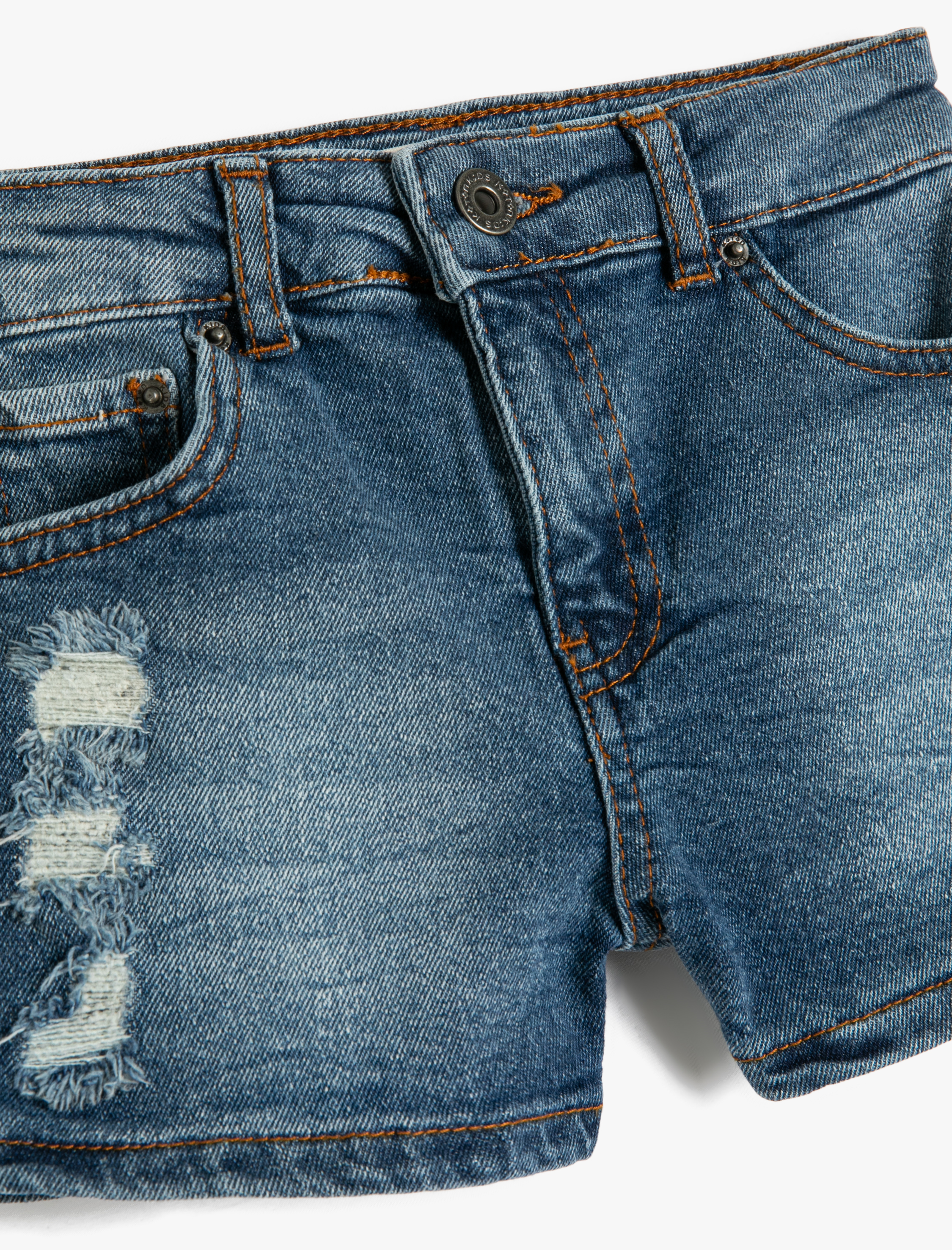  Kız Çocuk Kot Şort Yıpratılmış Detaylı Cepli Pamuklu Beli Ayarlanabilir Lastikli